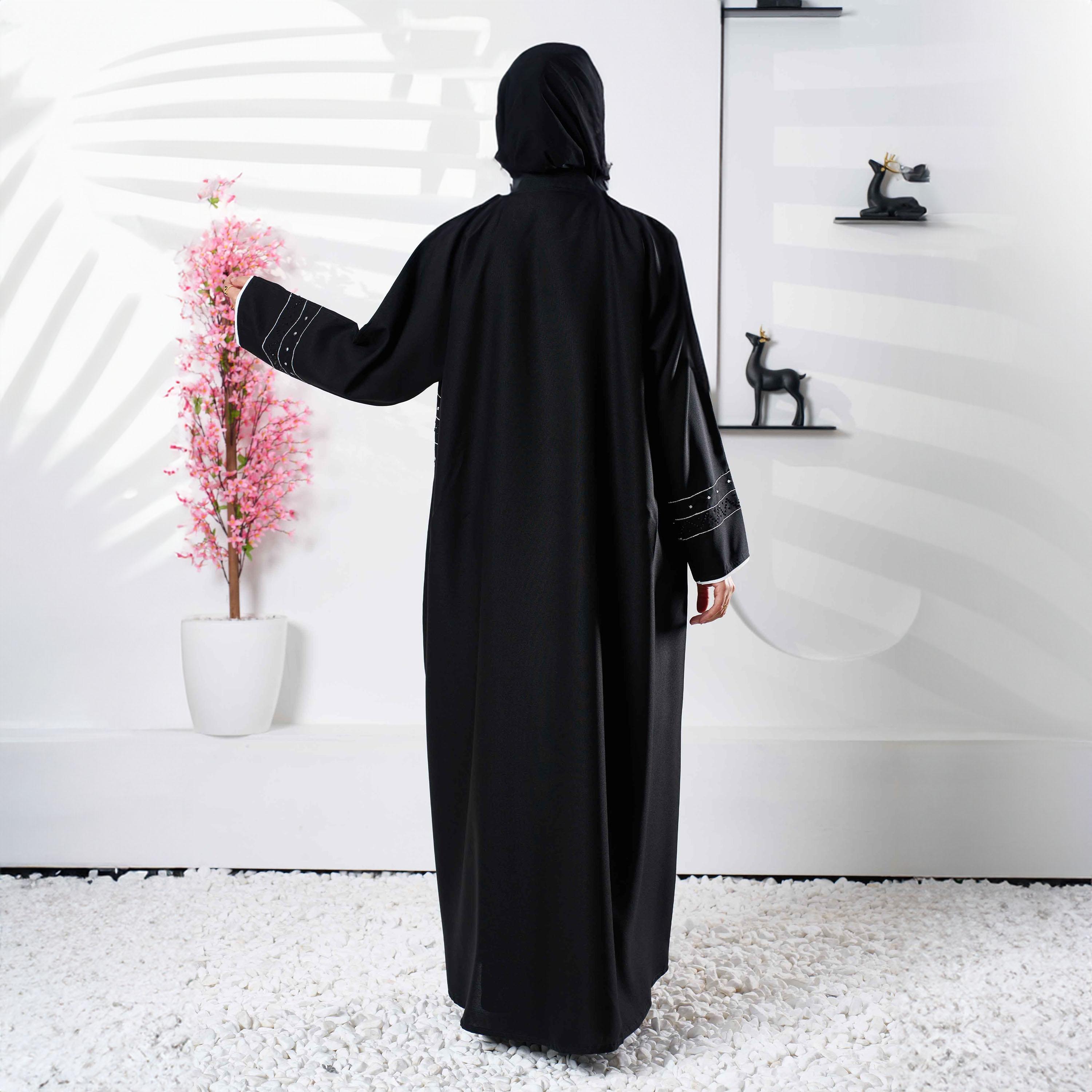 Zahiyh Black Embroidered & Sequin Abaya with Tarha-women-arabicclothing-abayas-image-4