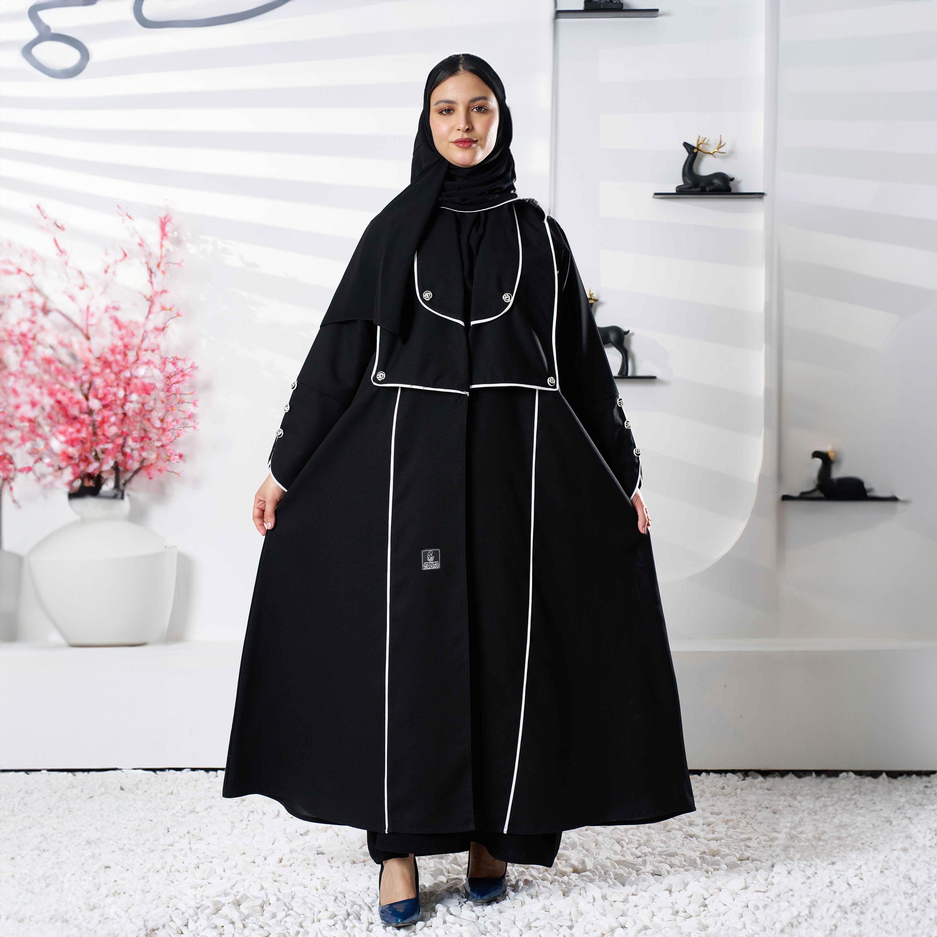 Zahiyh Black Shawl Lapel Embroidered Abaya with Tarha-women-arabicclothing-abayas-image-1