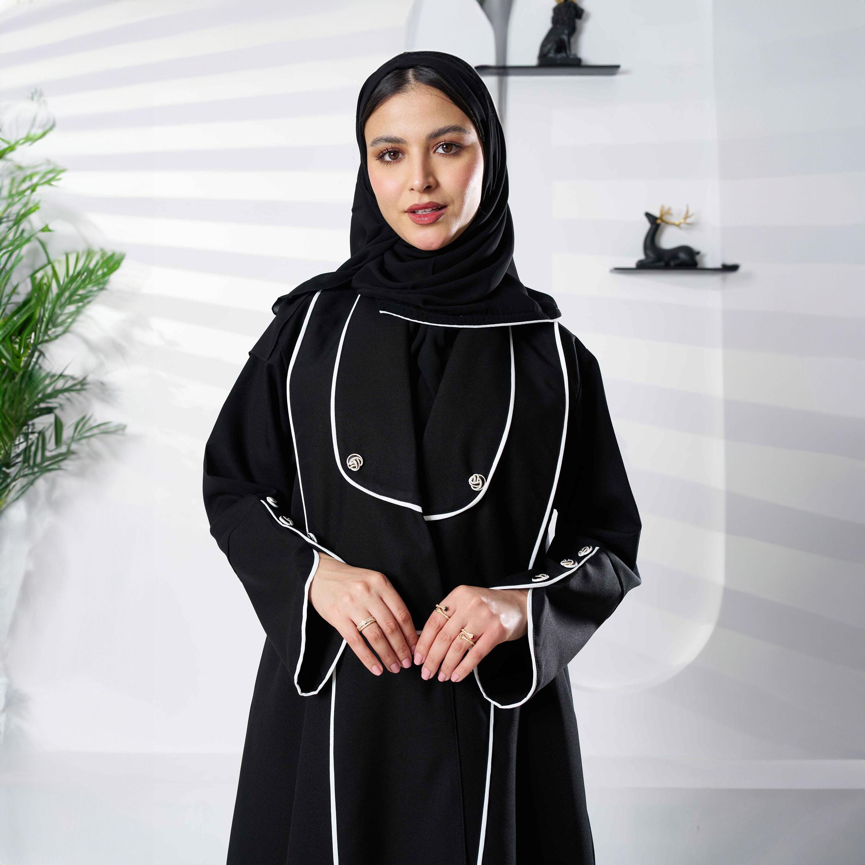 Zahiyh Black Shawl Lapel Embroidered Abaya with Tarha-women-arabicclothing-abayas-image-2