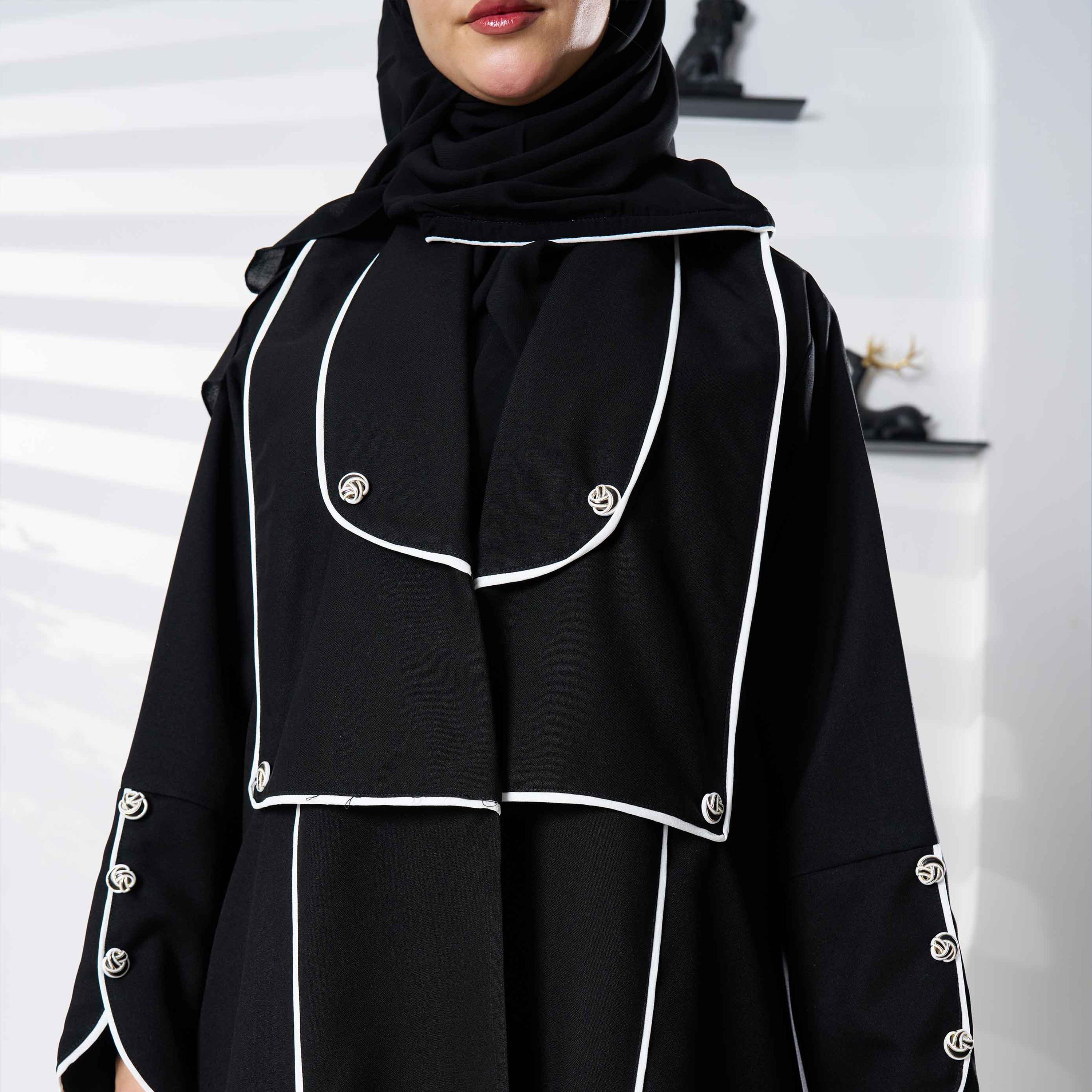 Zahiyh Black Shawl Lapel Embroidered Abaya with Tarha-women-arabicclothing-abayas-image-3