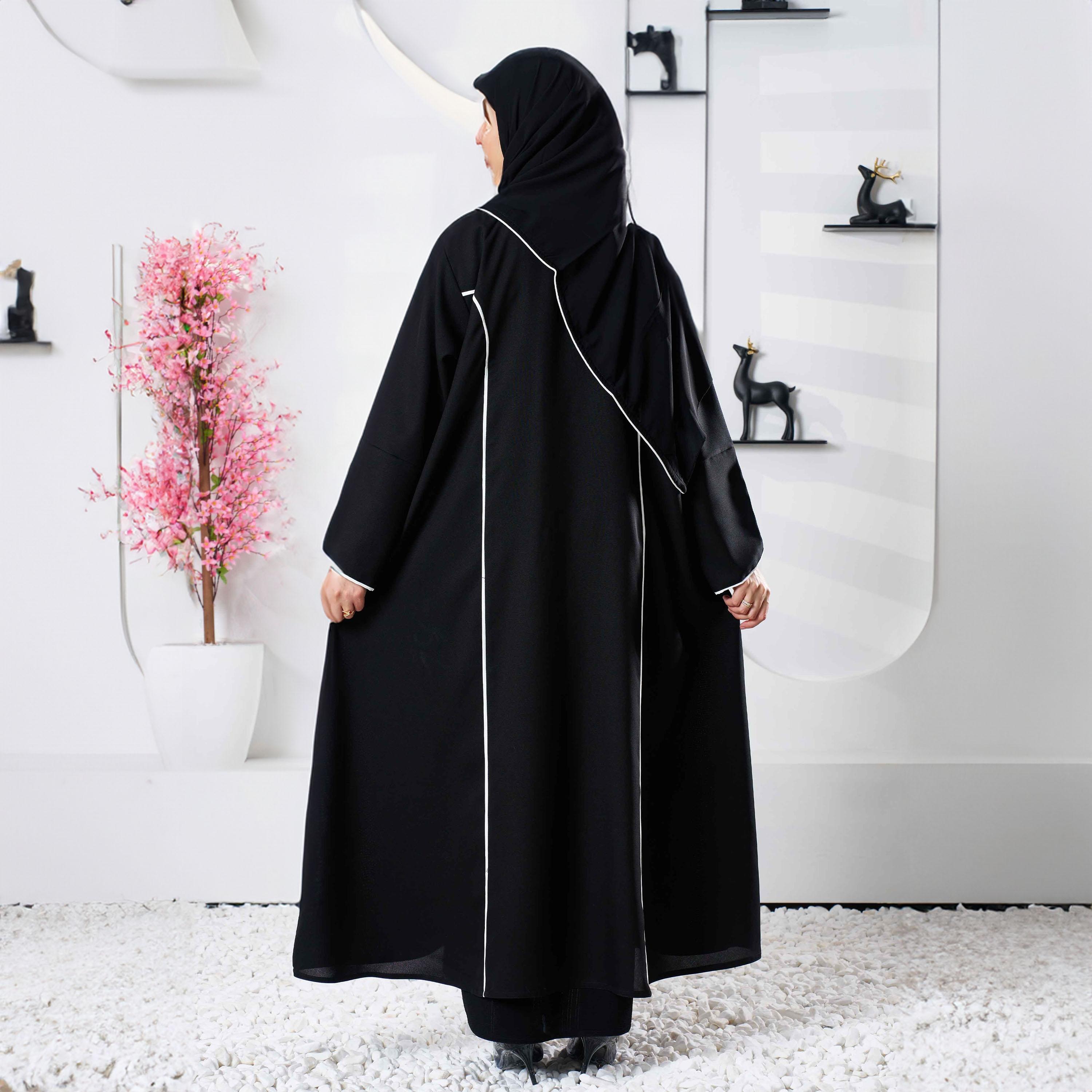 Zahiyh Black Shawl Lapel Embroidered Abaya with Tarha-women-arabicclothing-abayas-image-4
