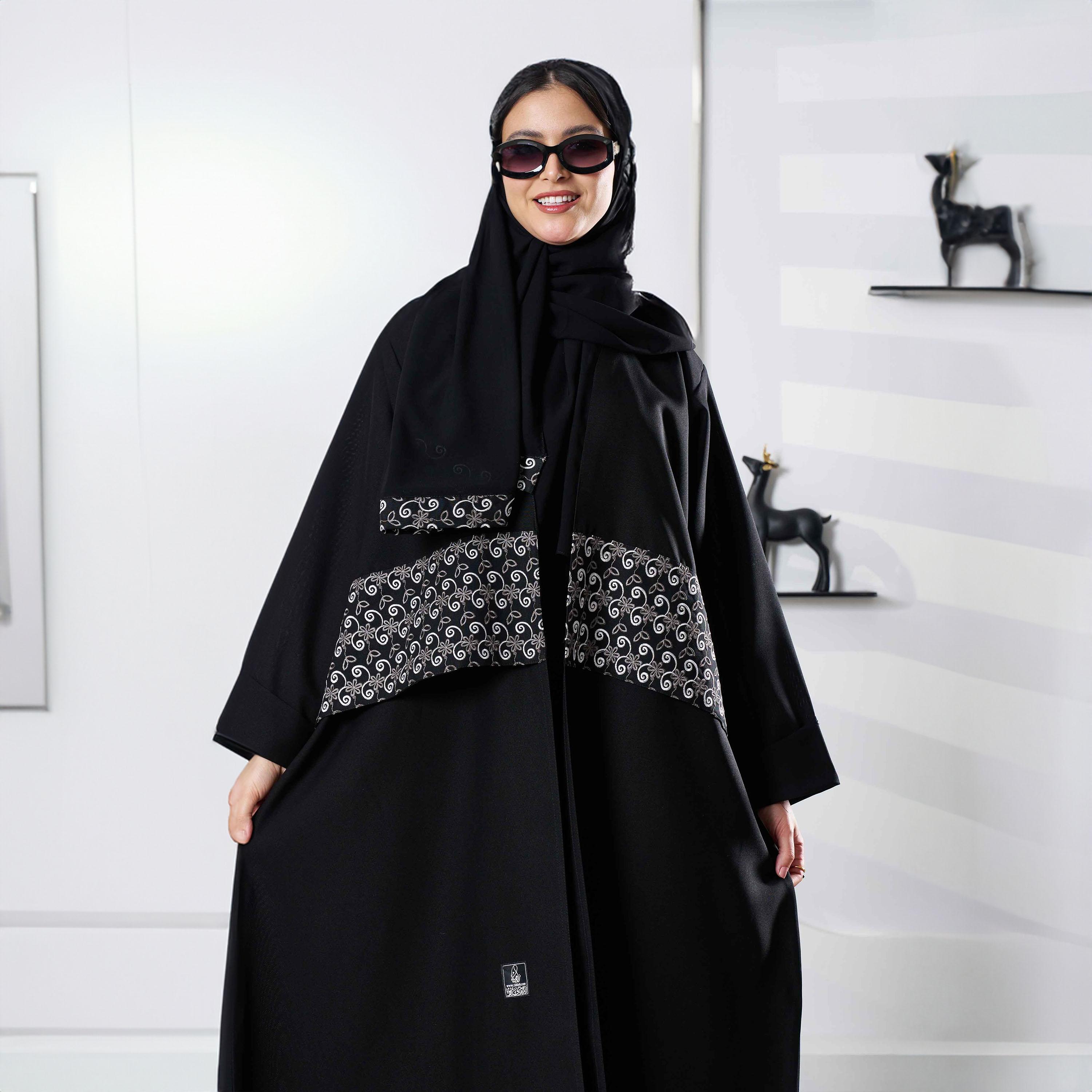 Zahiyh Black Embroidered & Buttoned Detailed Formal Abaya with Tarha-women-arabicclothing-abayas-image-2