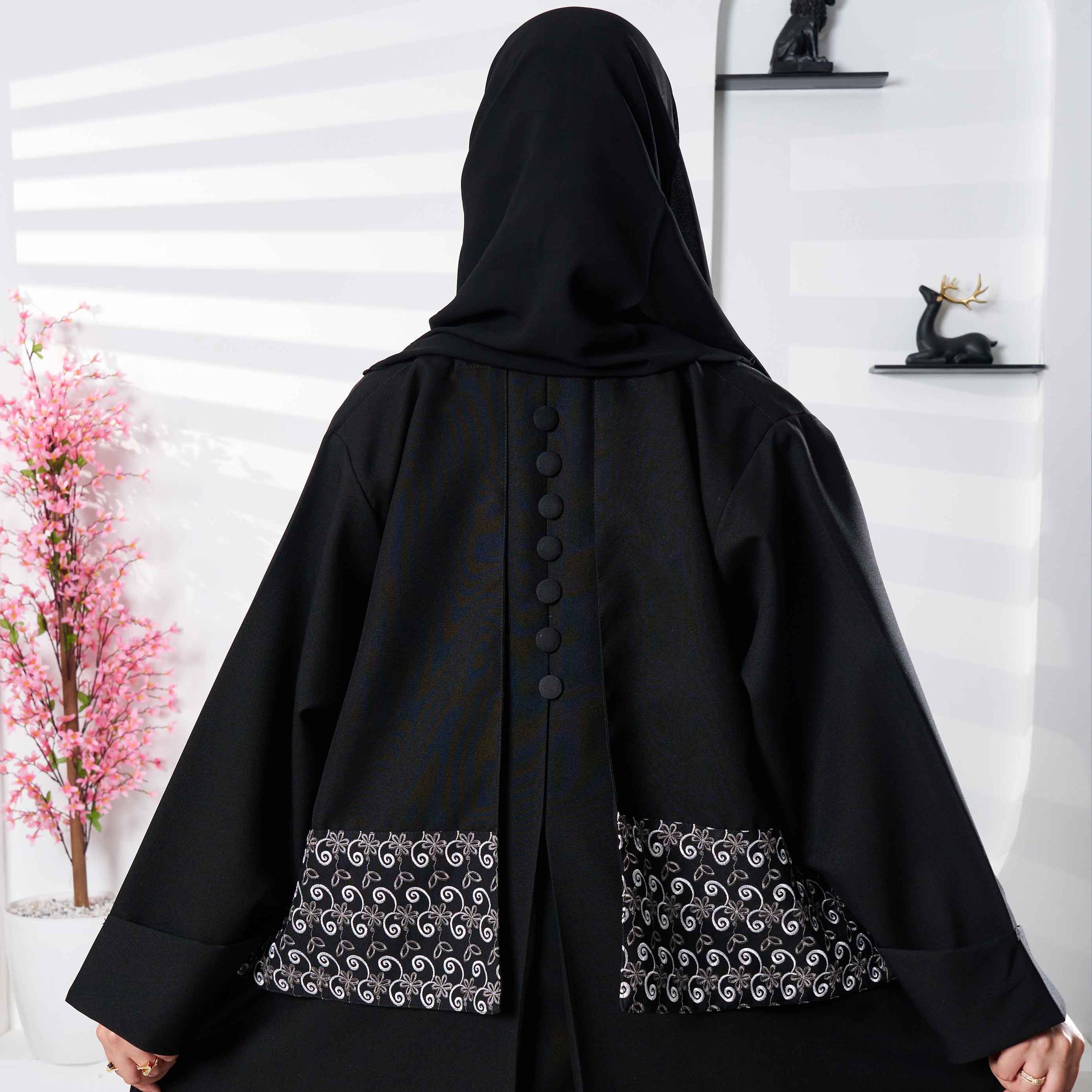 Zahiyh Black Embroidered & Buttoned Detailed Formal Abaya with Tarha-women-arabicclothing-abayas-image-4