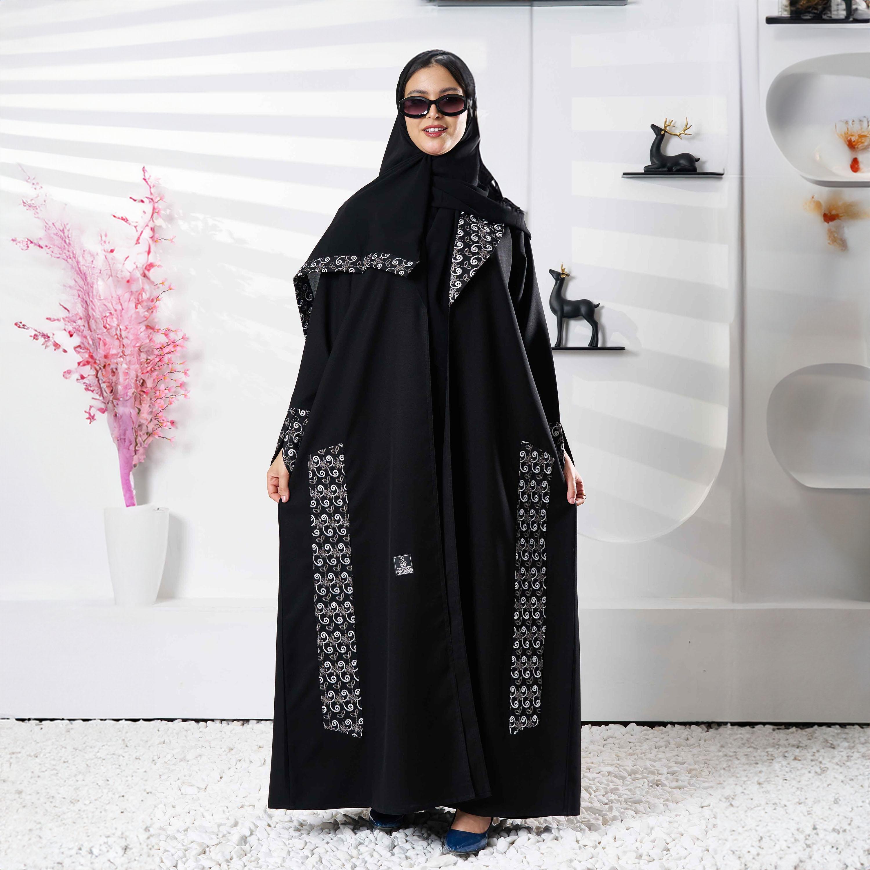 Zahiyh Black Slit Detailed Sleeves Embroidered Abaya with Tarha-women-arabicclothing-abayas-image-1