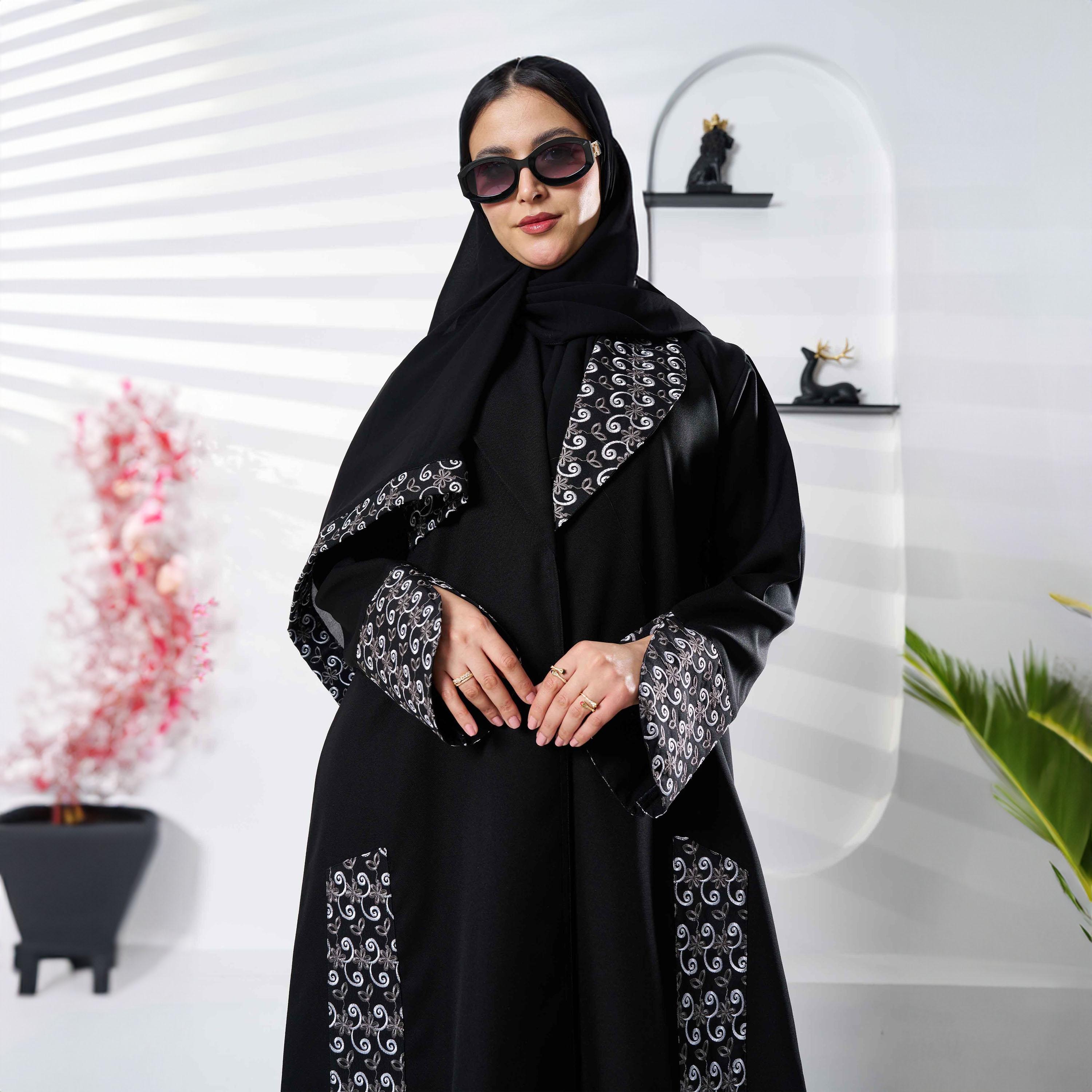 Zahiyh Black Slit Detailed Sleeves Embroidered Abaya with Tarha-women-arabicclothing-abayas-image-2