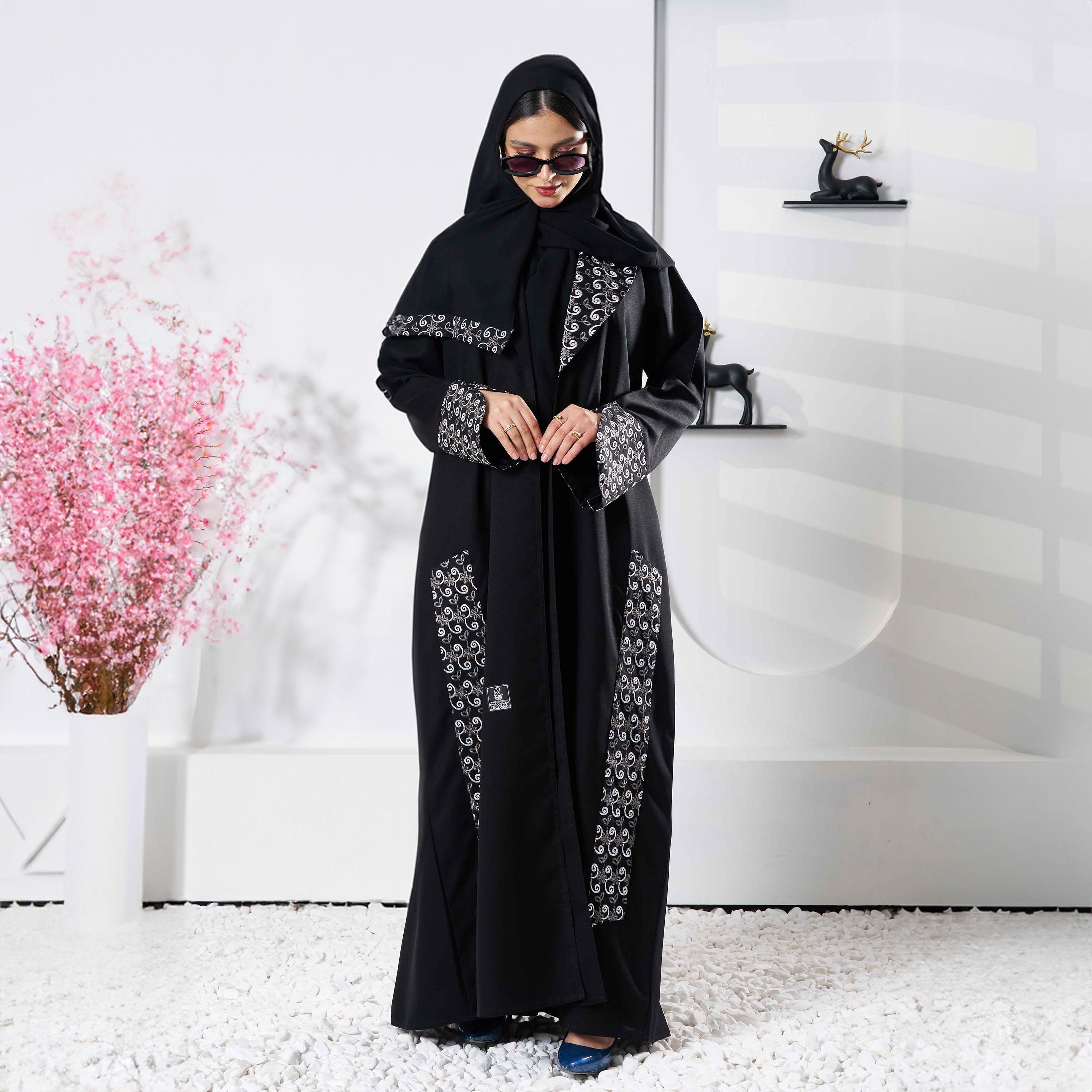Zahiyh Black Slit Detailed Sleeves Embroidered Abaya with Tarha-women-arabicclothing-abayas-image-3