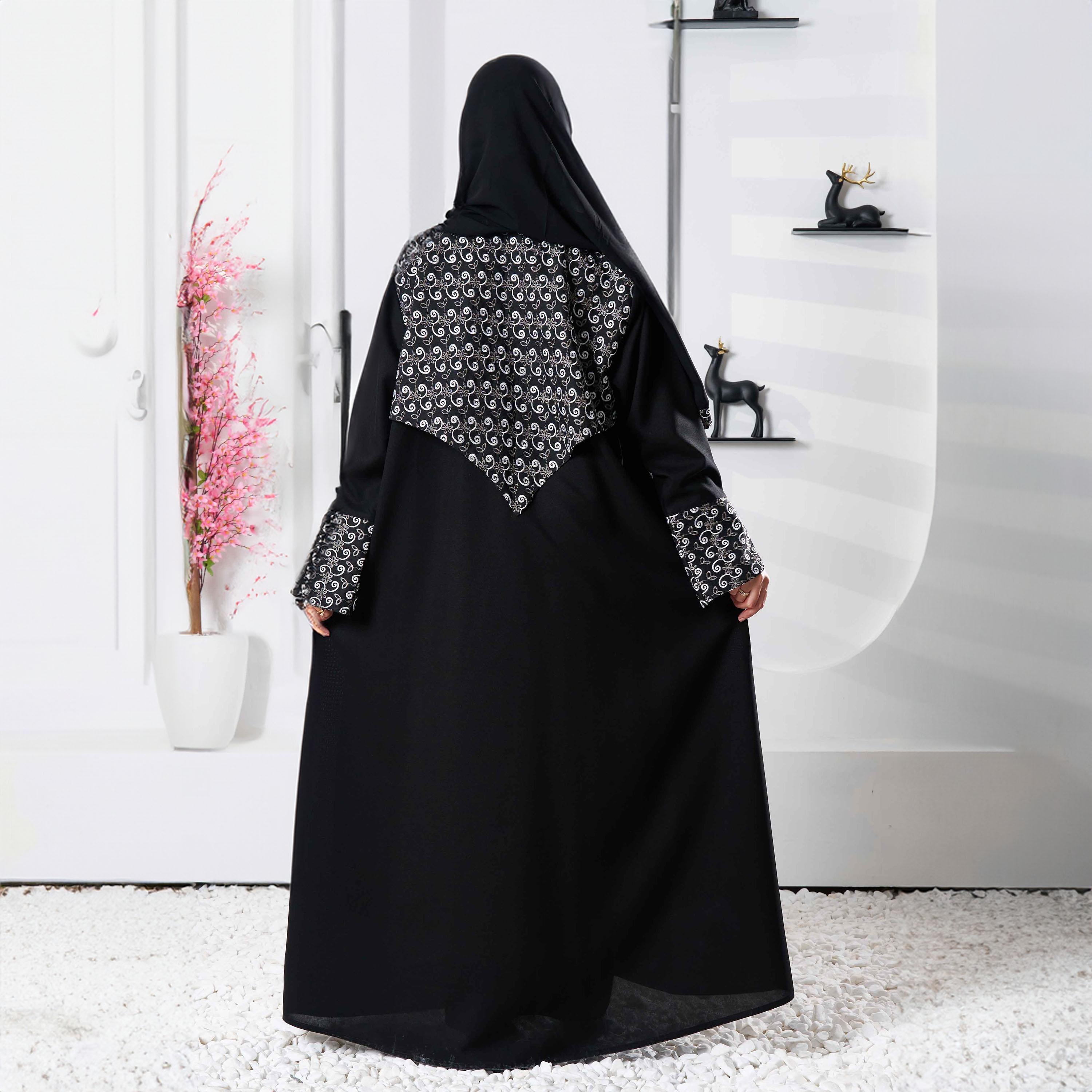 Zahiyh Black Slit Detailed Sleeves Embroidered Abaya with Tarha-women-arabicclothing-abayas-image-4