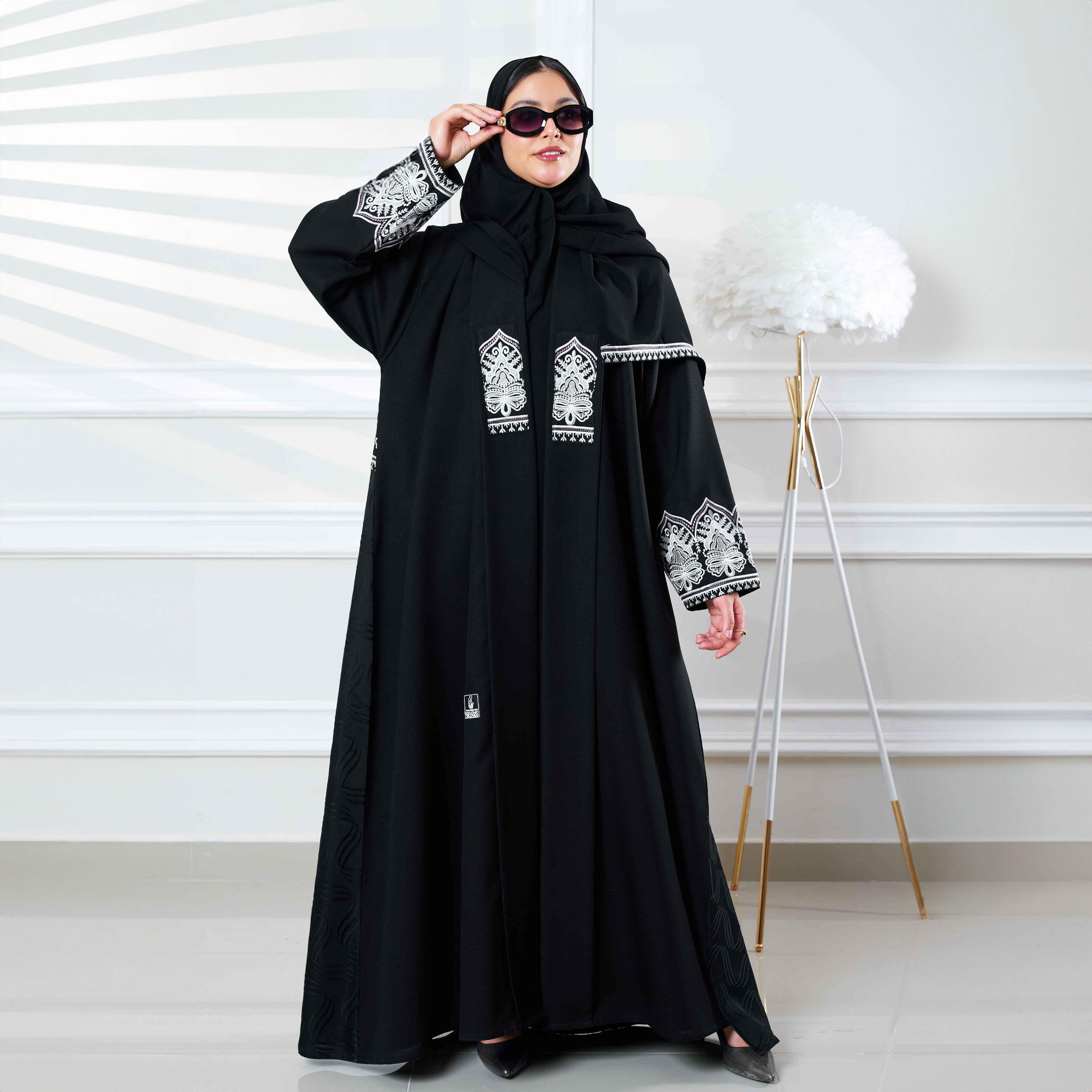 Zahiyh Black Embroidered Formal Abaya with Tarha-women-arabicclothing-abayas-image-2
