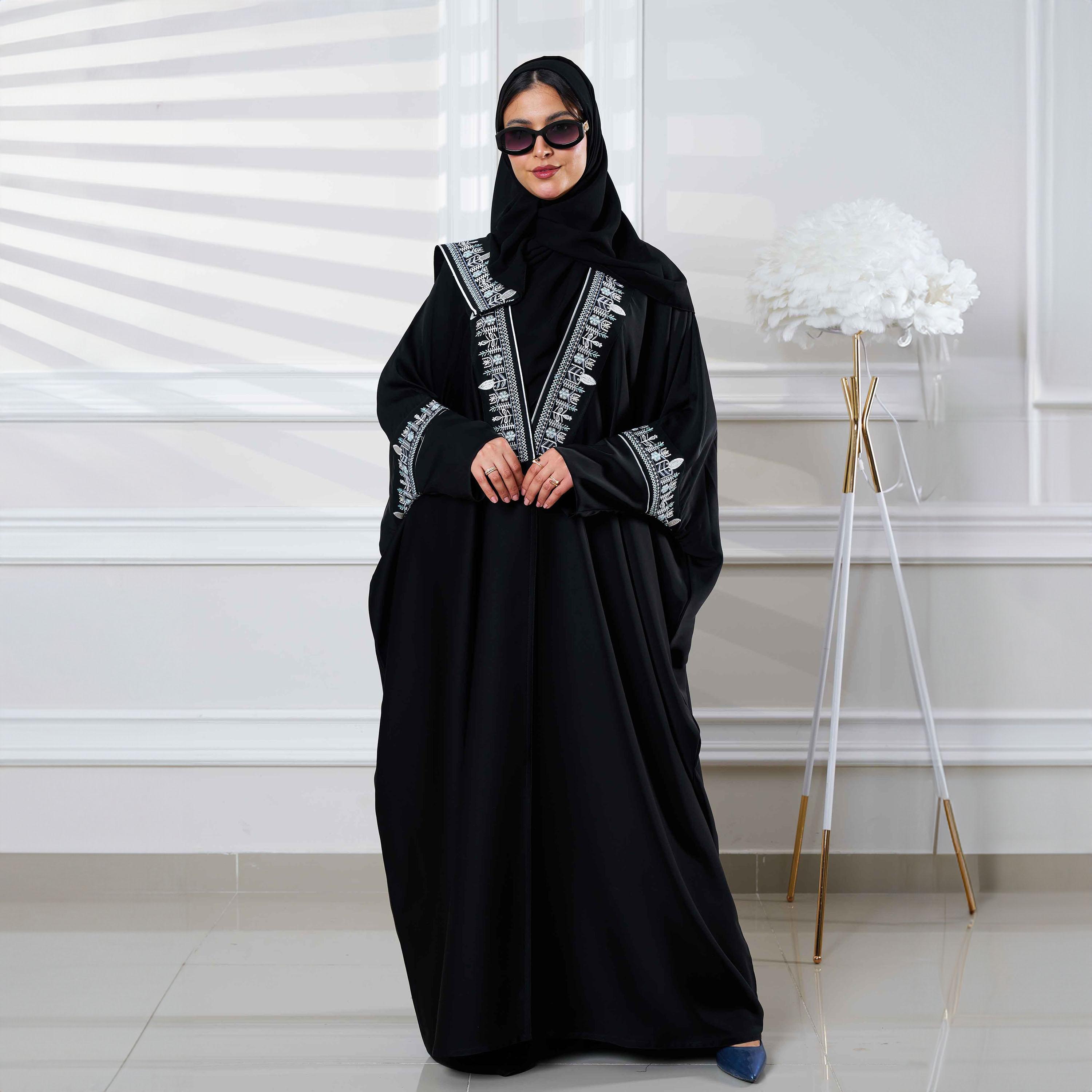 Zahiyh Black Batwing Sleeves Embroidered Abaya with Tarha-women-arabicclothing-abayas-image-1