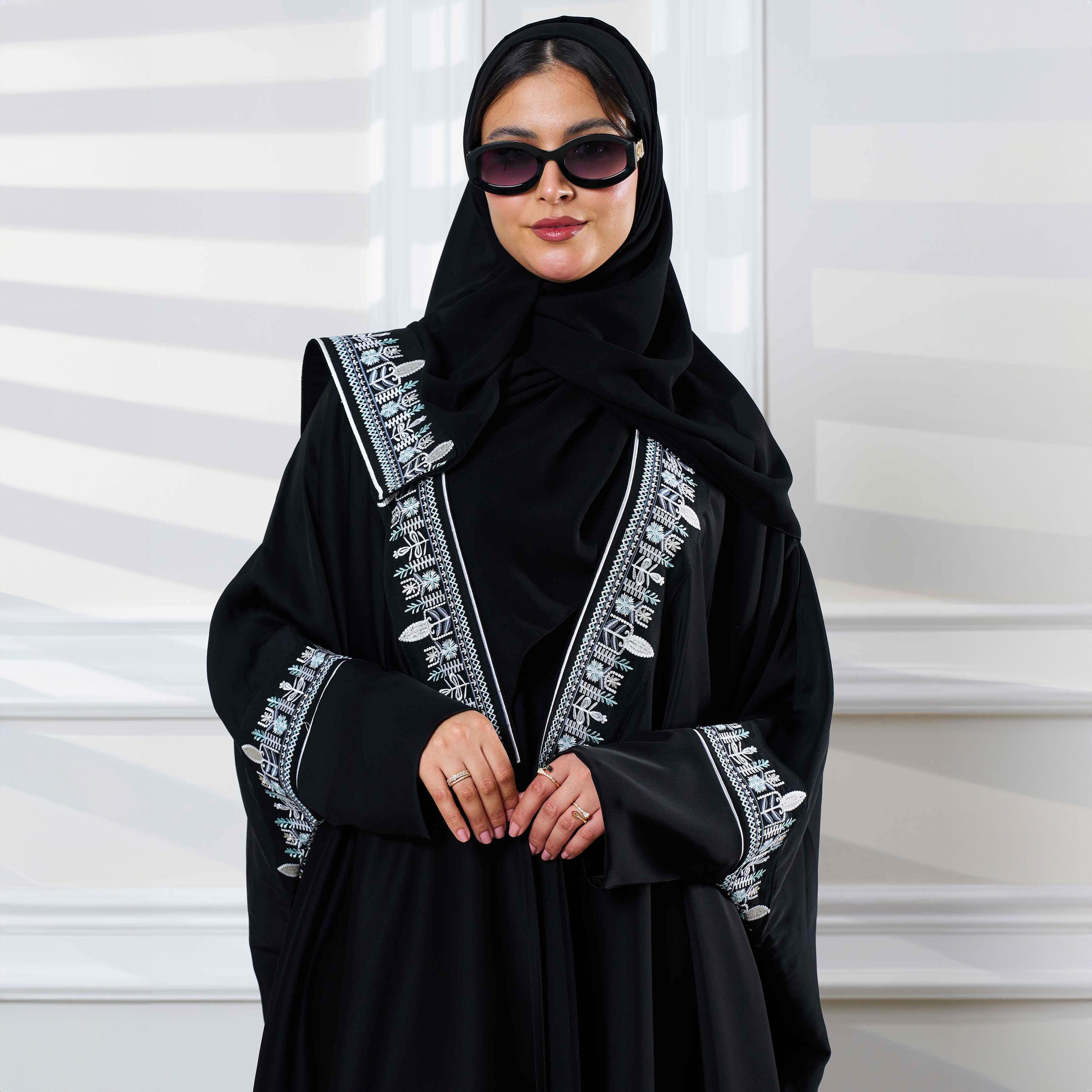 Zahiyh Black Batwing Sleeves Embroidered Abaya with Tarha-women-arabicclothing-abayas-image-2