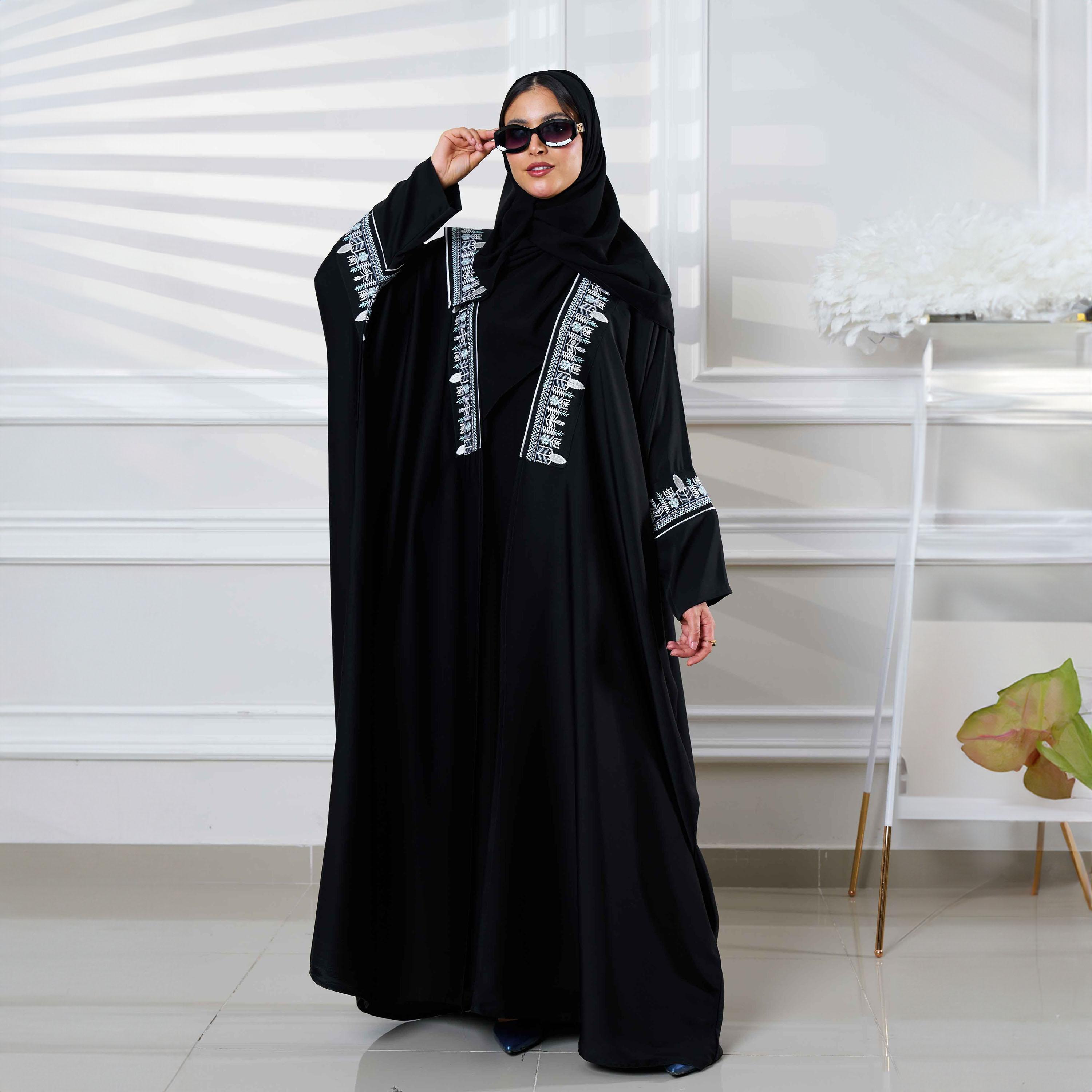 Zahiyh Black Batwing Sleeves Embroidered Abaya with Tarha-women-arabicclothing-abayas-image-3