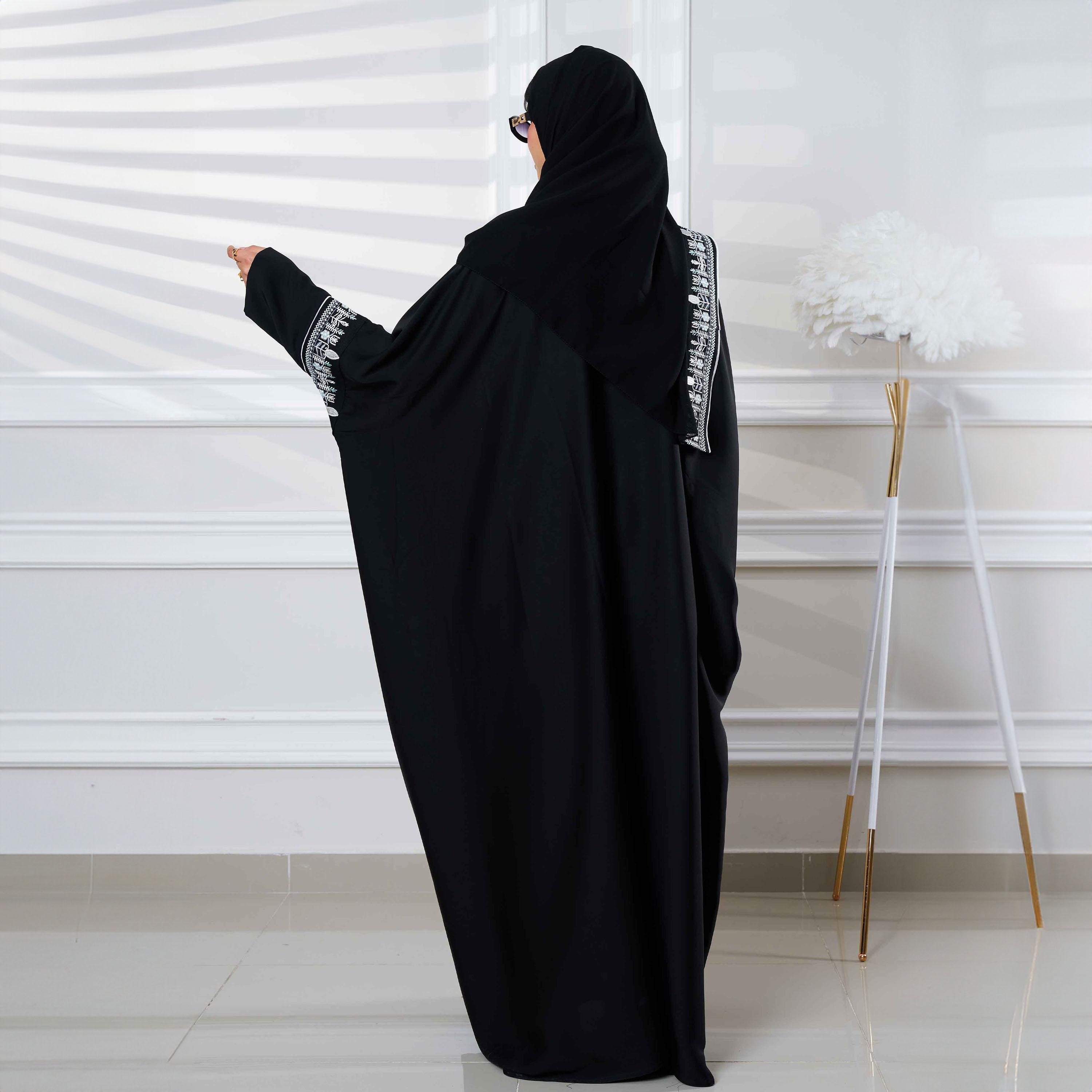 Zahiyh Black Batwing Sleeves Embroidered Abaya with Tarha-women-arabicclothing-abayas-image-4