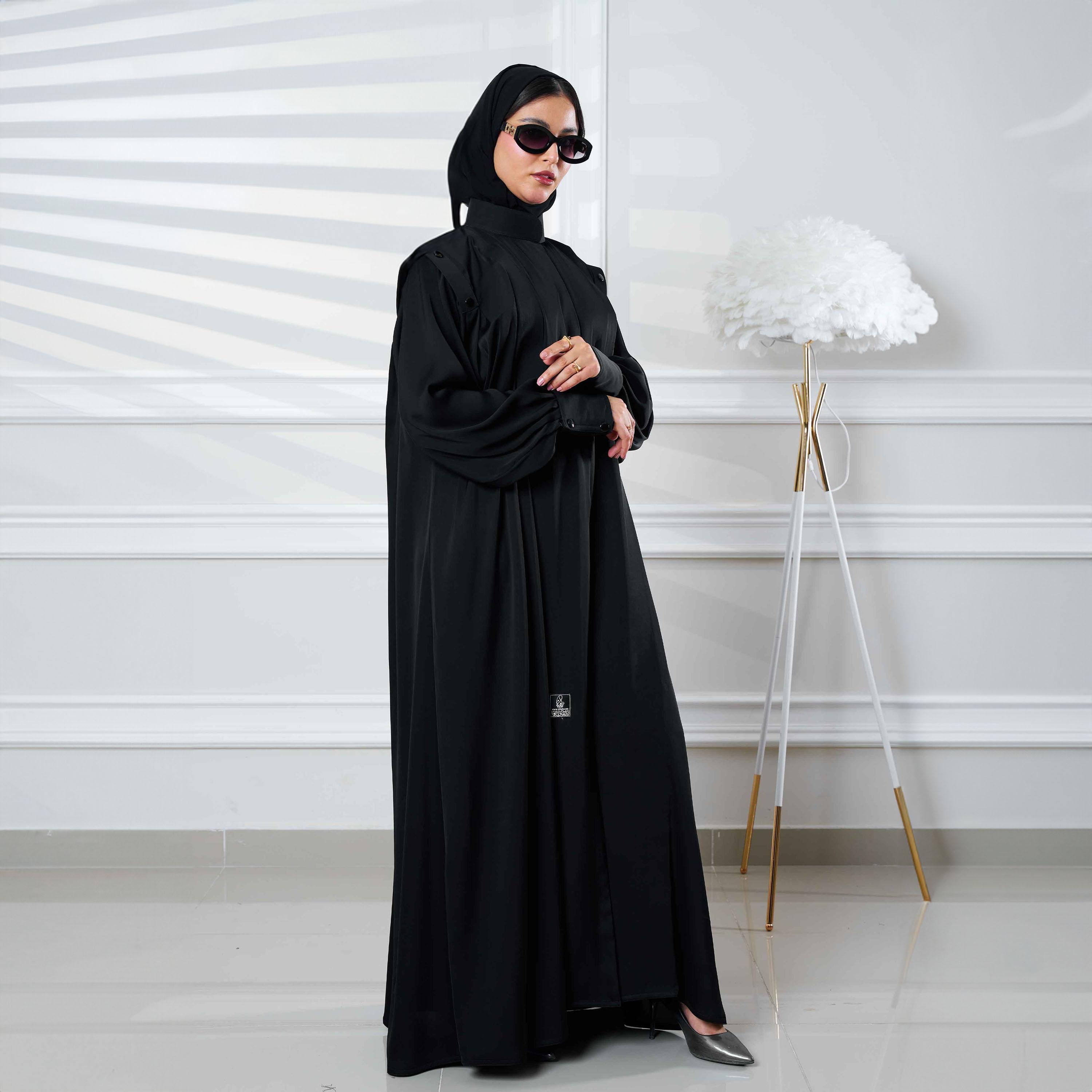 Zahiyh Black Bishop Sleeves Formal Abaya with Tarha-women-arabicclothing-abayas-image-3