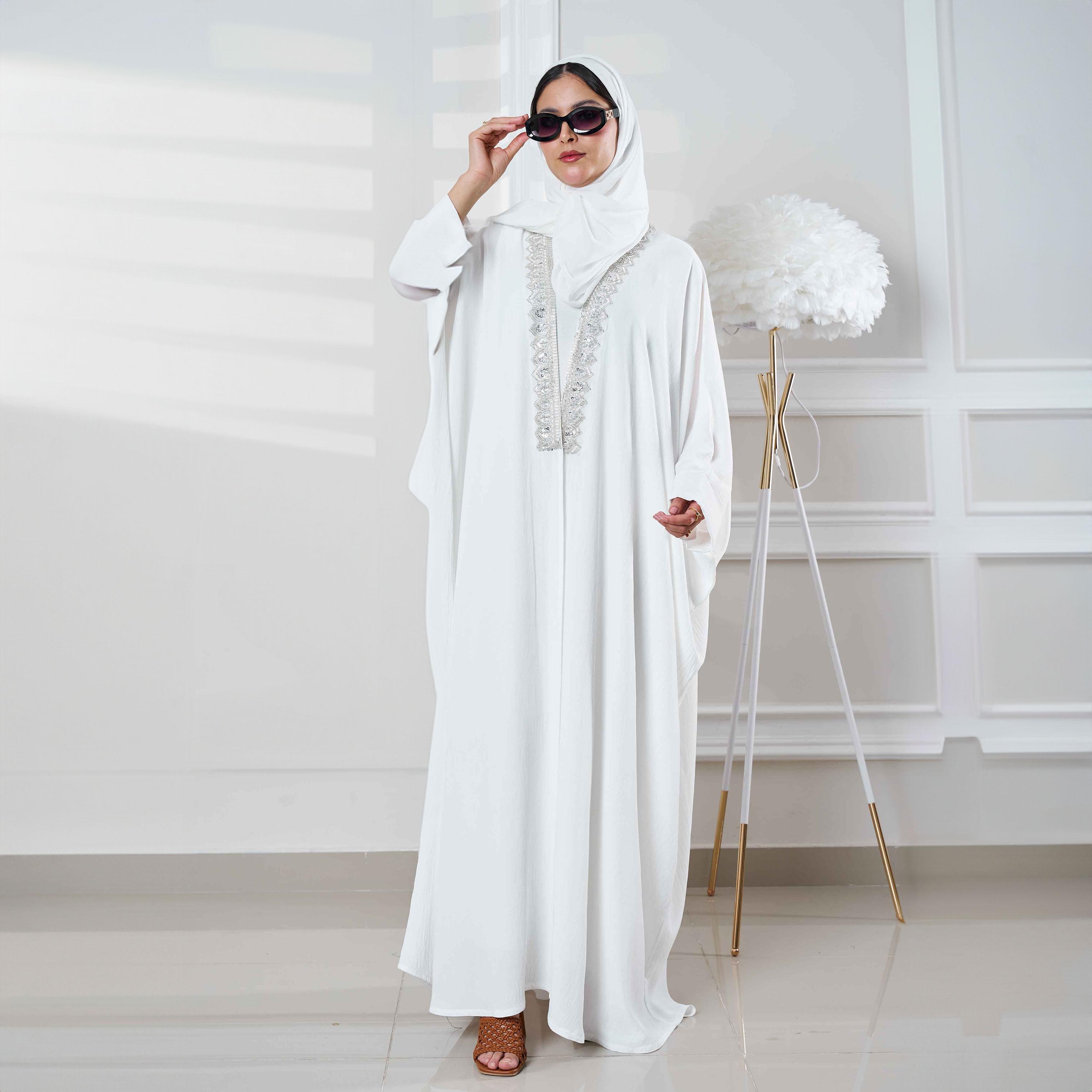 Zahiyh White Batwing Sleeves Embellished Silver Lace Abaya with Tarha-women-arabicclothing-abayas-image-1