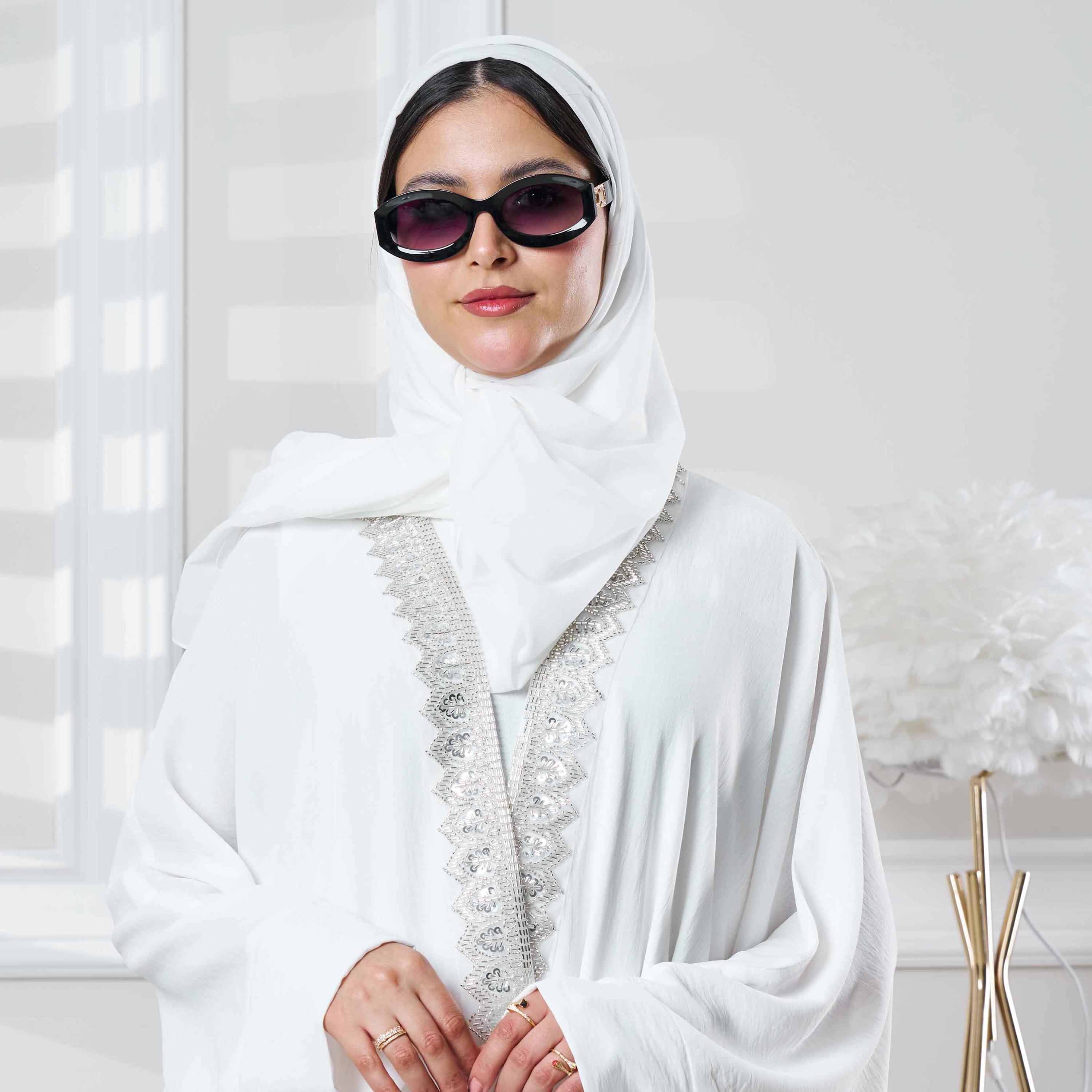 Zahiyh White Batwing Sleeves Embellished Silver Lace Abaya with Tarha-women-arabicclothing-abayas-image-2