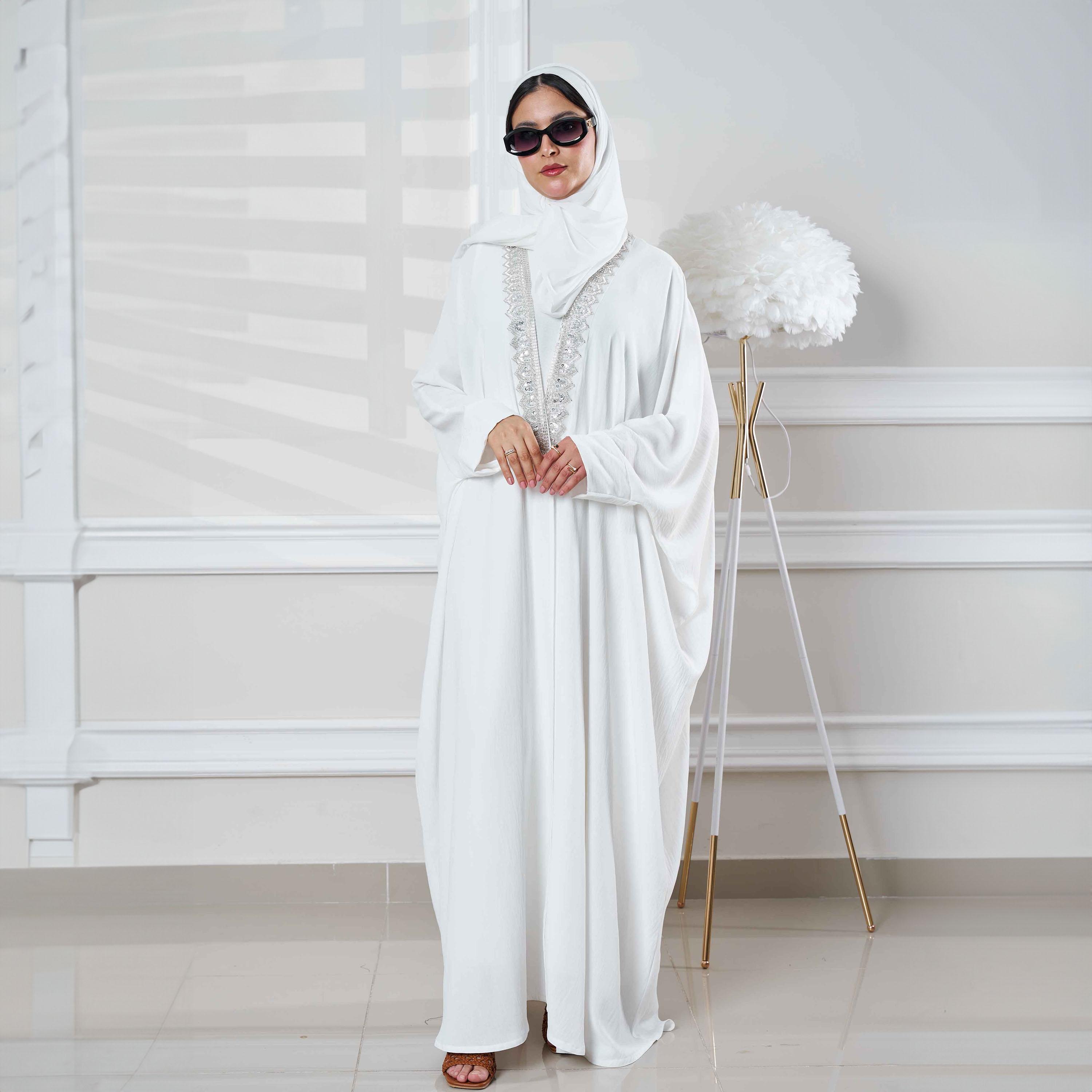 Zahiyh White Batwing Sleeves Embellished Silver Lace Abaya with Tarha-women-arabicclothing-abayas-image-3