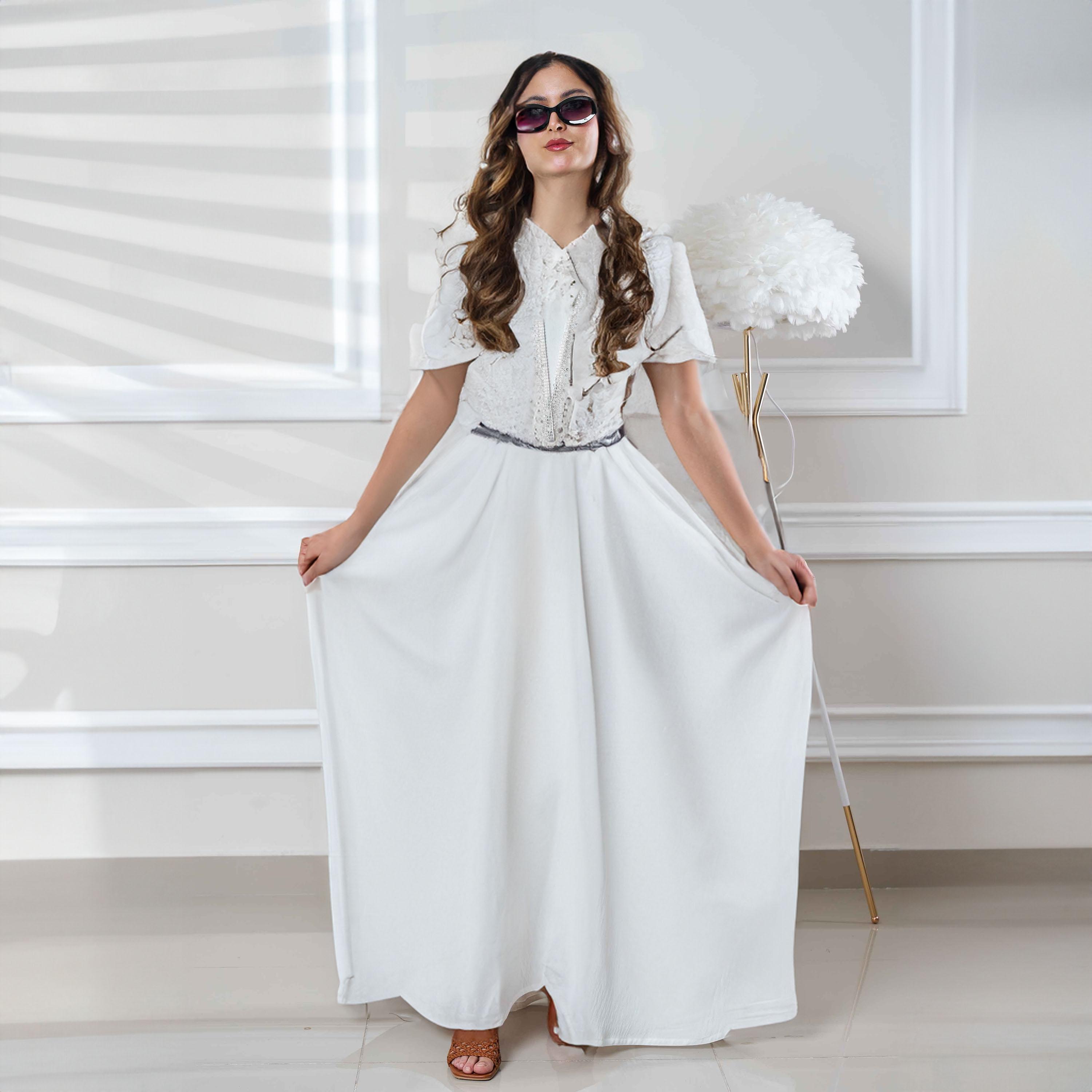 Zahiyh White Batwing Sleeves Embellished Silver Lace Abaya with Tarha-women-arabicclothing-abayas-image-4