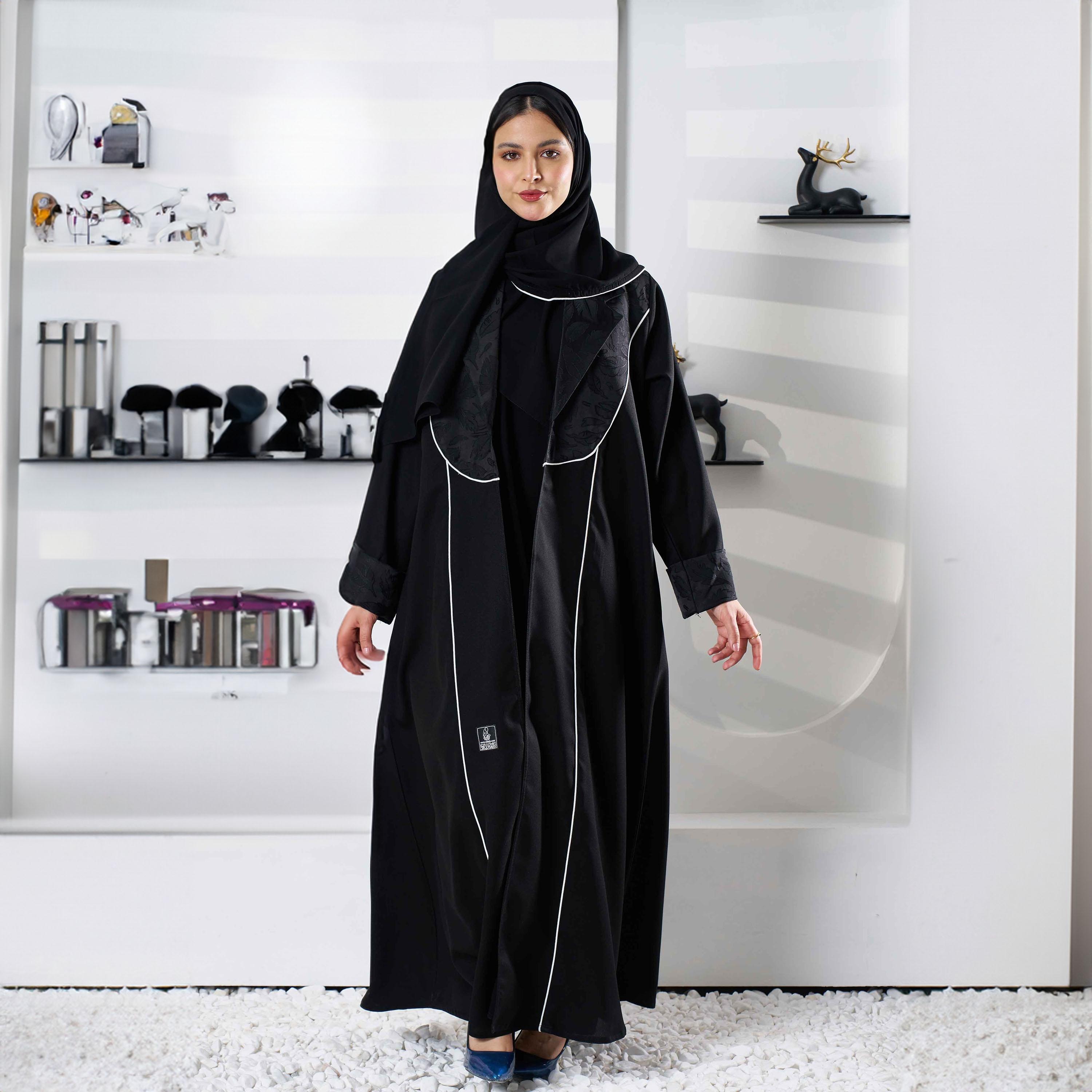 Zahiyh Black Lapel Collar Embroidered Abaya with Tarha-women-arabicclothing-abayas-image-1