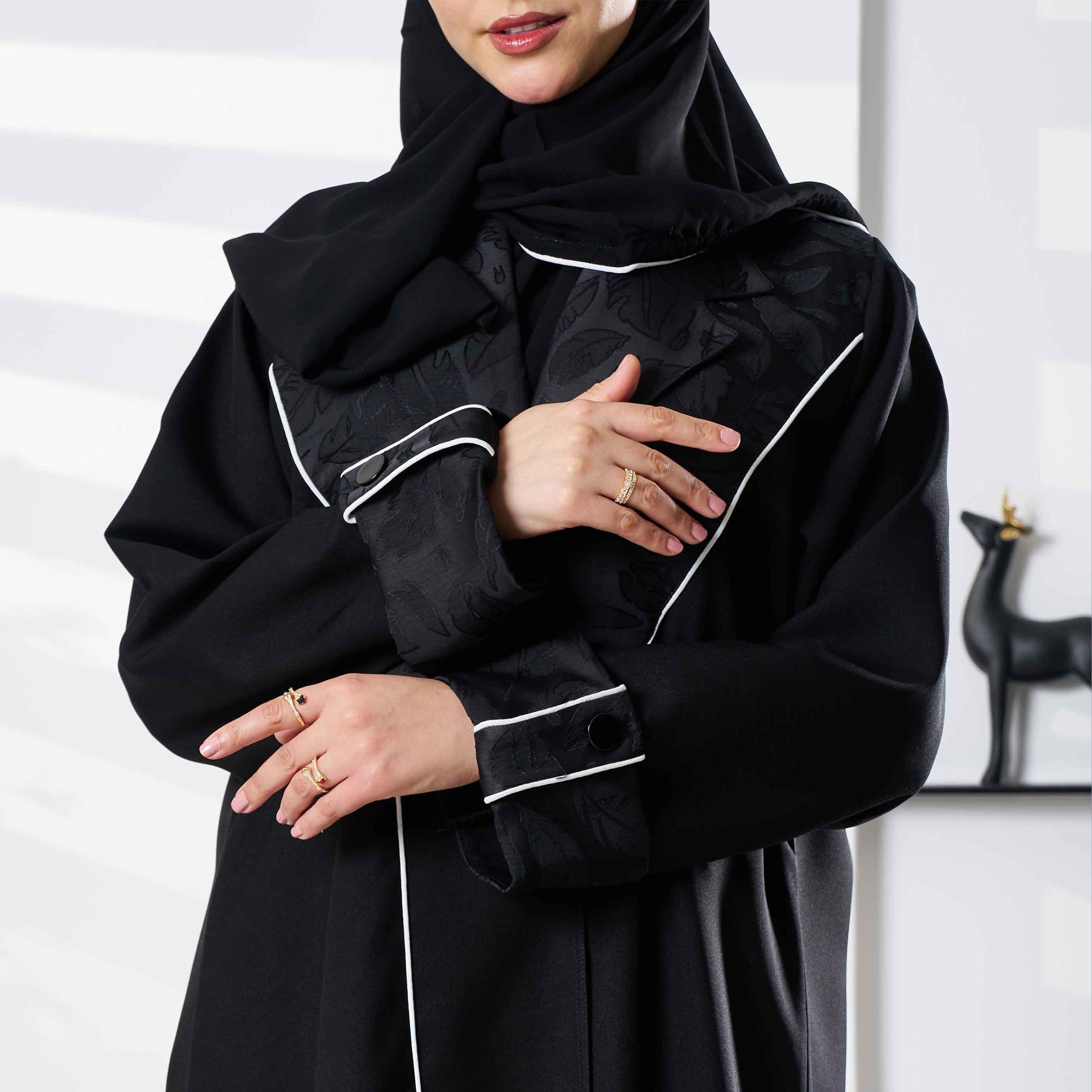 Zahiyh Black Lapel Collar Embroidered Abaya with Tarha-women-arabicclothing-abayas-image-2