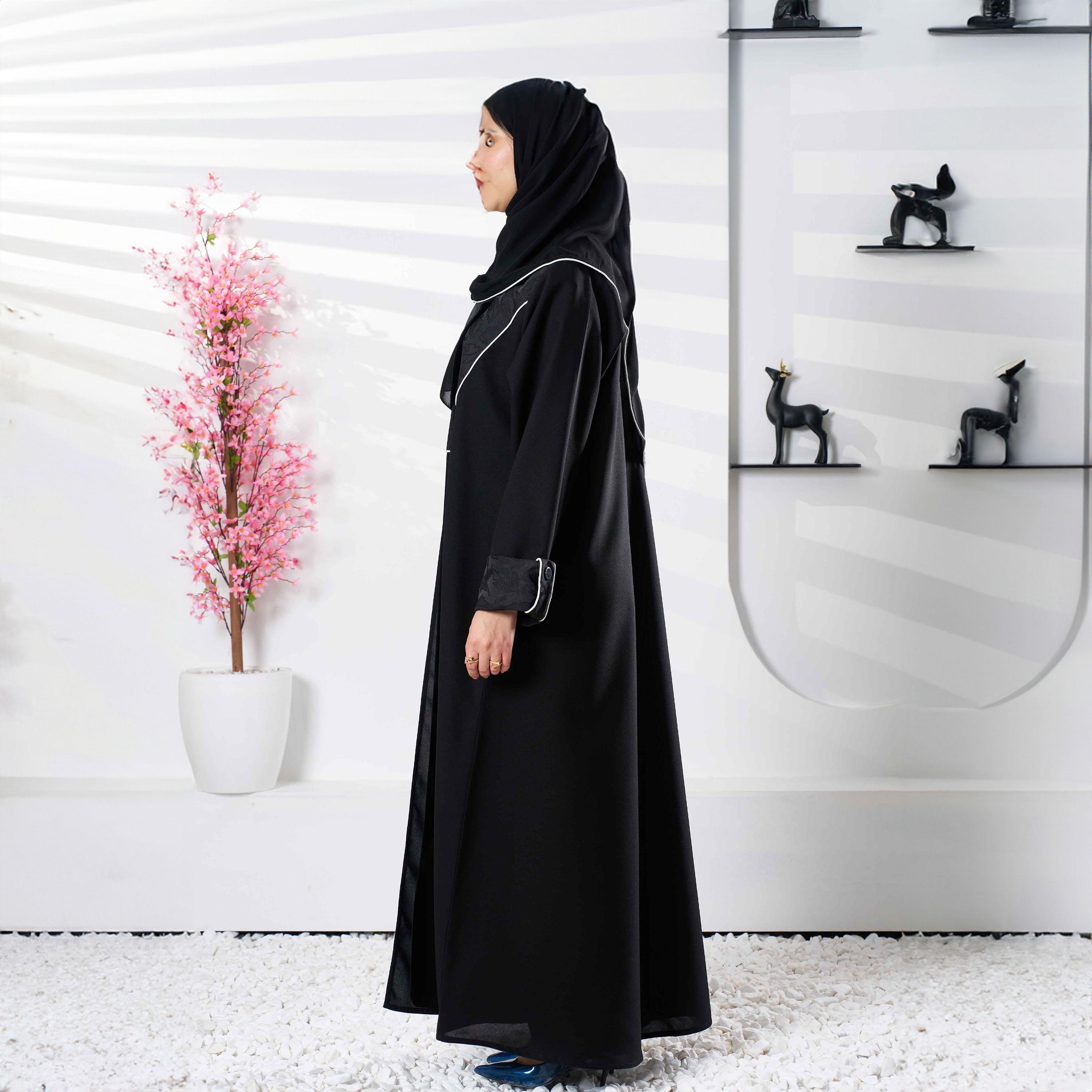 Zahiyh Black Lapel Collar Embroidered Abaya with Tarha-women-arabicclothing-abayas-image-3