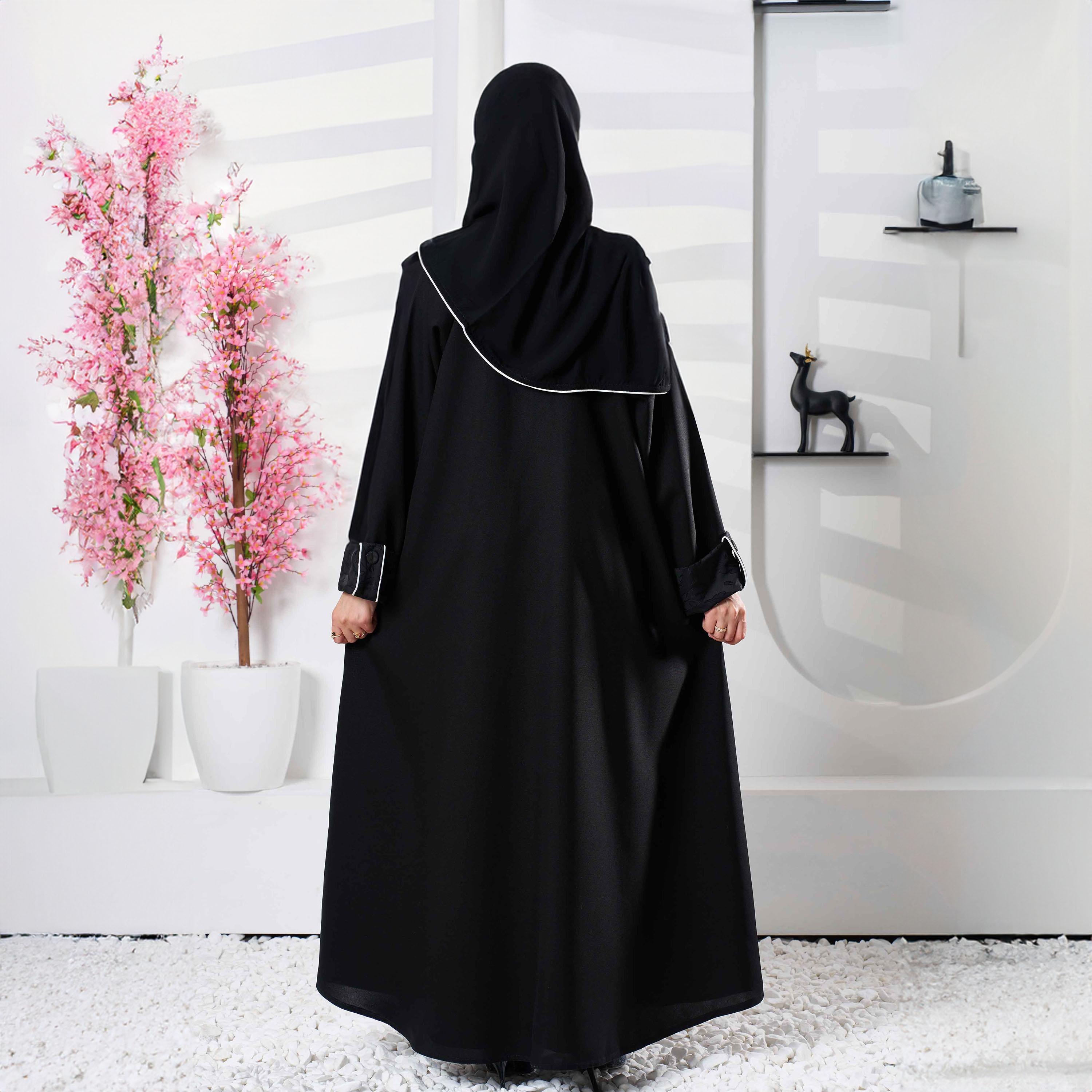 Zahiyh Black Lapel Collar Embroidered Abaya with Tarha-women-arabicclothing-abayas-image-4