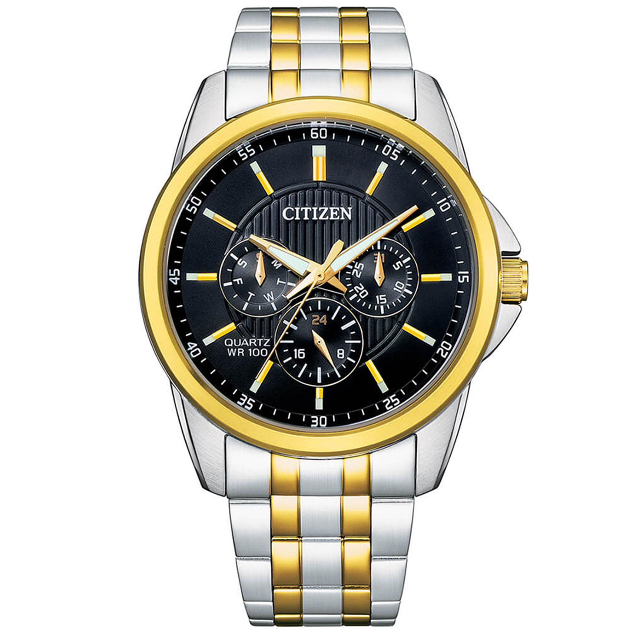 Citizen Quartz Men Black Dial Analog Watch with Silver & Gold Strap - AG8348-56E-men-watchesandjewellery-watches-image-1