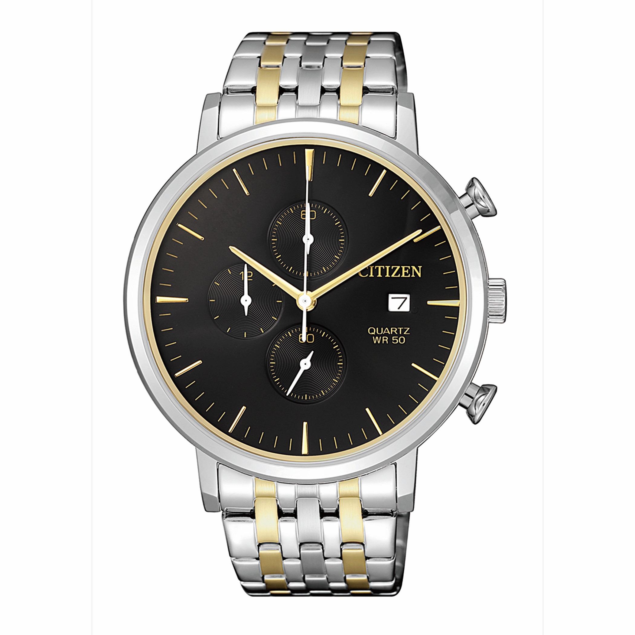  AN3614-54E-ساعة كرونوغراف من سيتيزن كوارتز للرجال بمينا اسود مع سوار فضي وذهبي -men-watchesandjewellery-watches-image-1