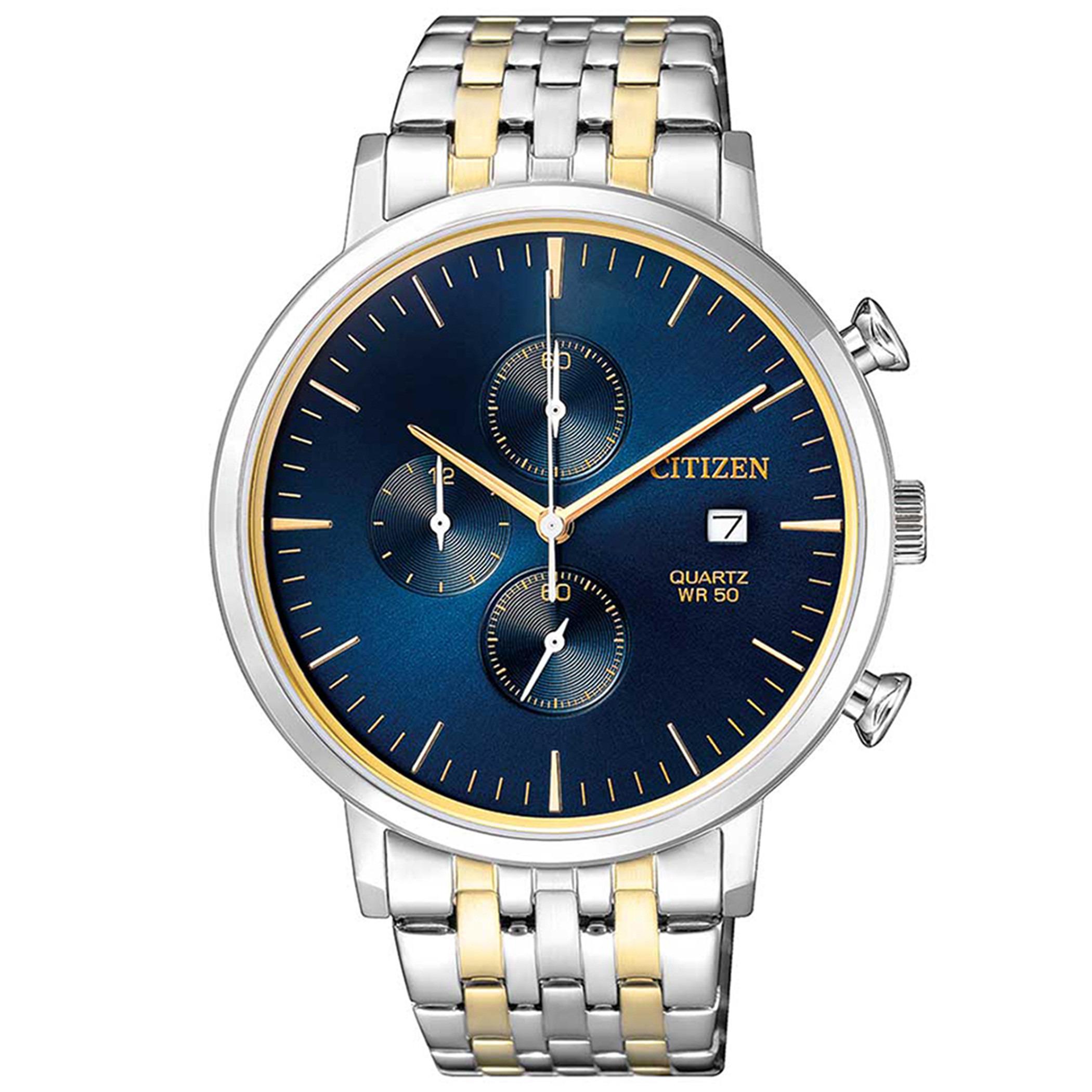 AN3614-54L-ساعة كرونوغراف من سيتيزن كوارتز للرجال بمينا ازرق مع سوار فضي وذهبي -men-watchesandjewellery-watches-image-1