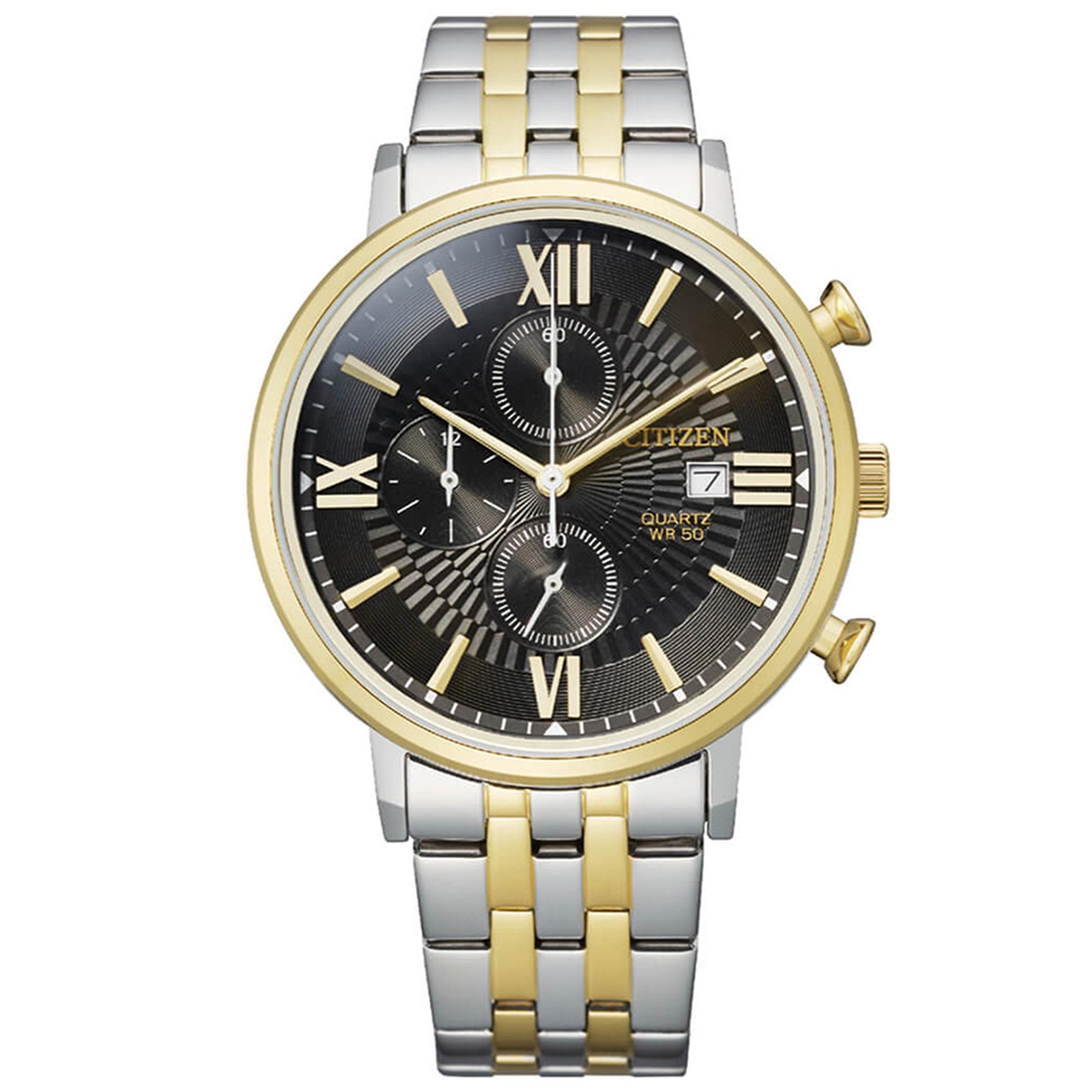  AN3616-75E-ساعة كرونوغراف من سيتيزن كوارتز للرجال بمينا اسود مع سوار فضي وذهبي -men-watchesandjewellery-watches-image-1