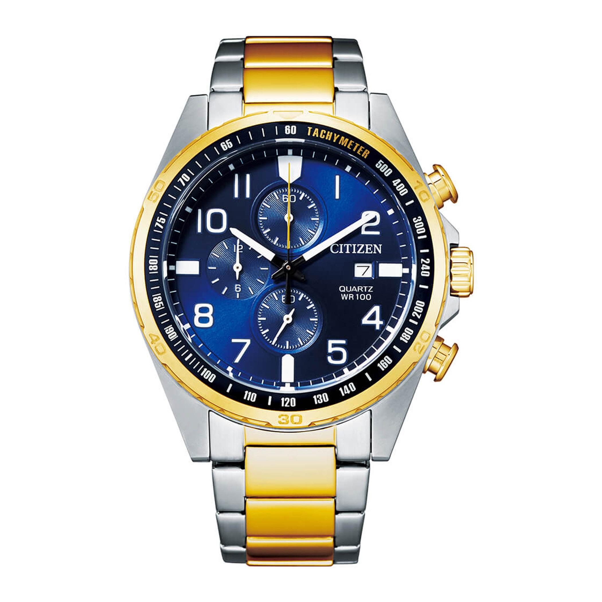 Citizen Quartz Men Blue Dial Chronograph Watch with Silver & Gold Strap - AN3654-50L-men-watchesandjewellery-watches-image-1