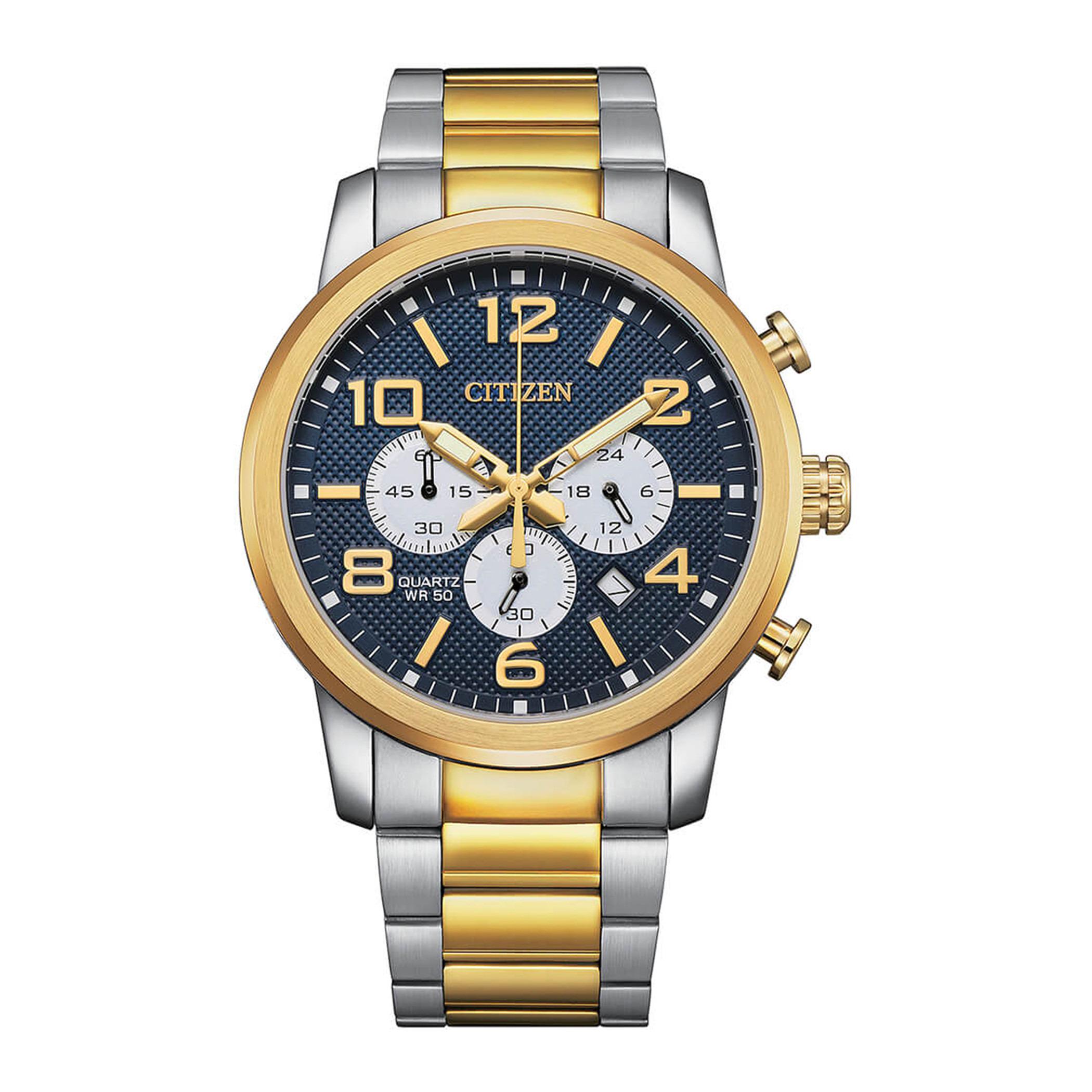  AN8059-56L-ساعة كرونوغراف من سيتيزن كوارتز للرجال بمينا ازرق مع سوار فضي وذهبي -men-watchesandjewellery-watches-image-1