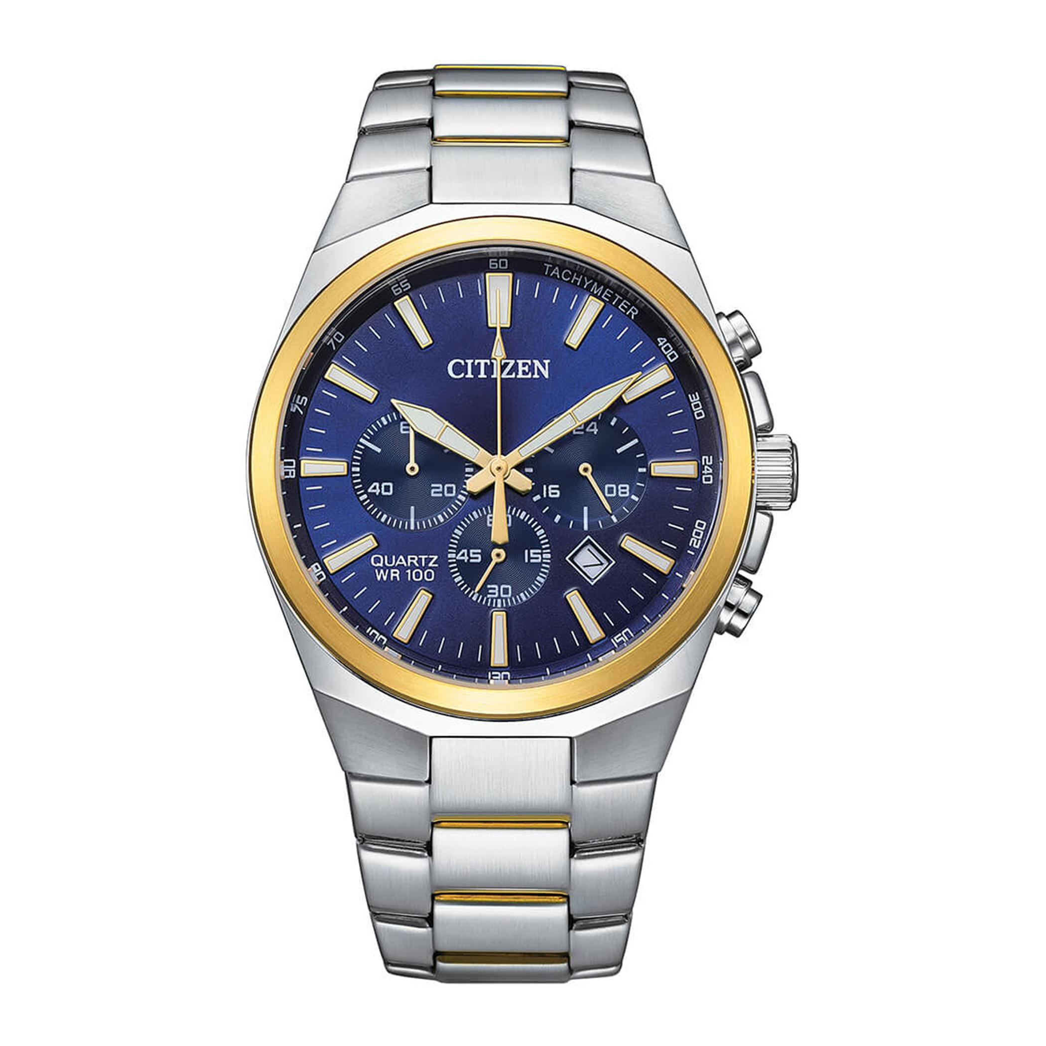  AN8176-52L-ساعة كرونوغراف من سيتيزن كوارتز للرجال بمينا ازرق مع سوار فضي -men-watchesandjewellery-watches-image-1