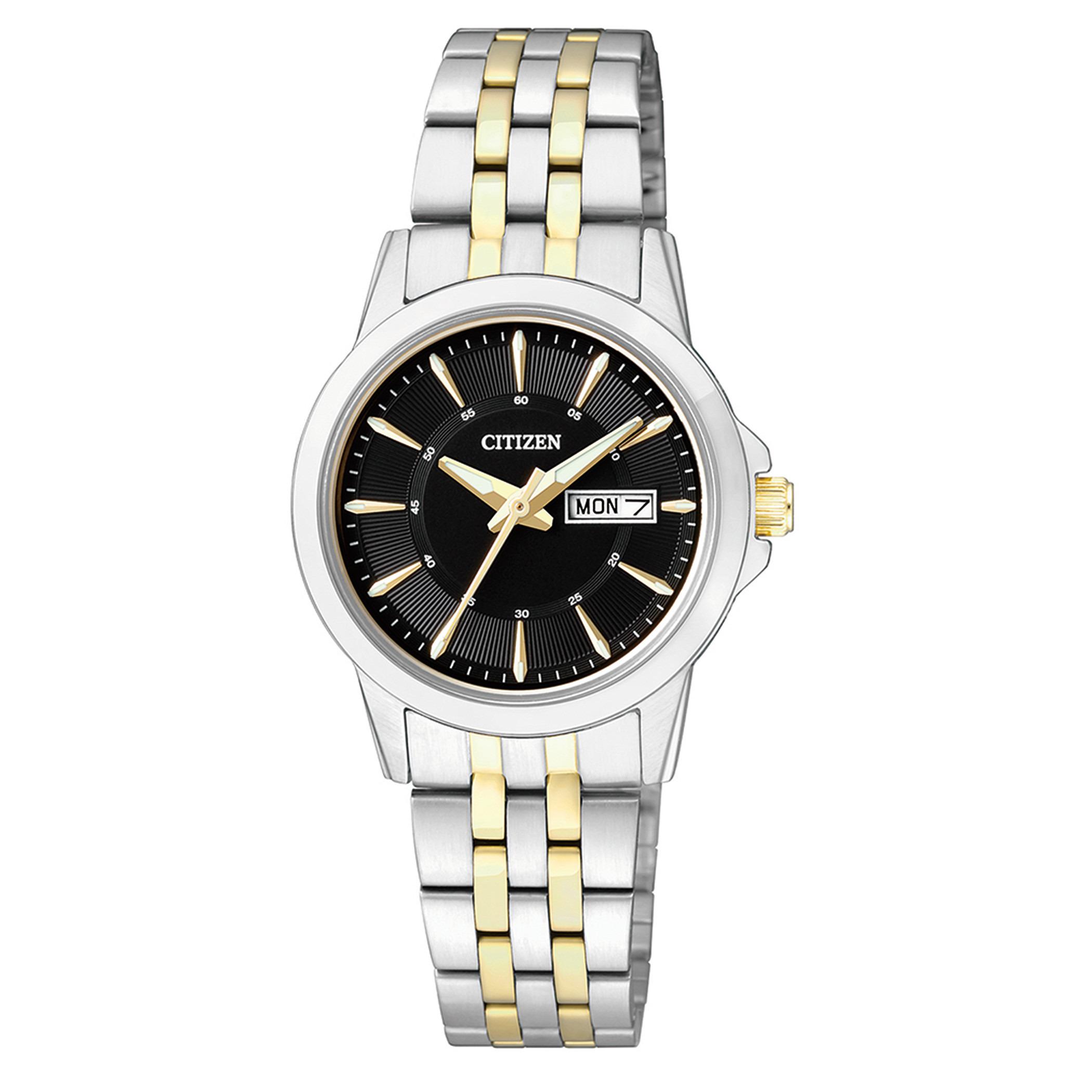 Citizen Quartz Women Black Dial Analog Watch with Silver & Gold Strap - EQ0608-55E-women-watchesandjewellery-watches-image-1