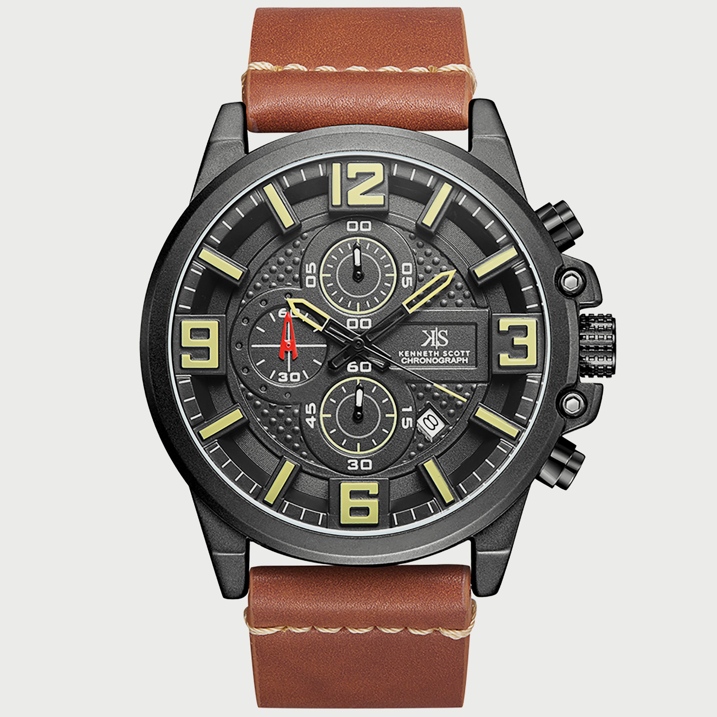 K22108-BLEB "ساعة" كرونوغراف بسوار جلدي بني للرجال من كينيث سكوت -men-watchesandjewellery-watches-image-1