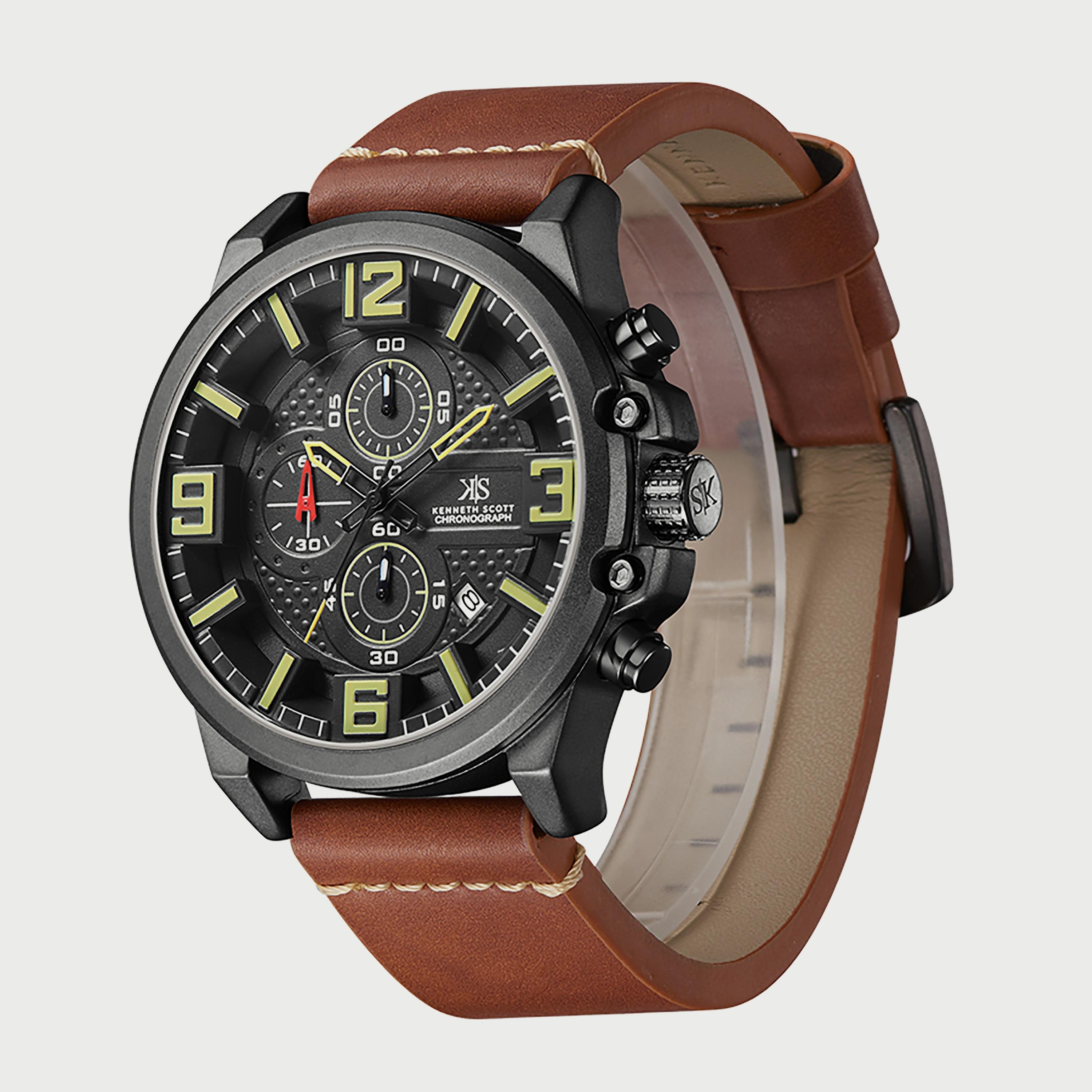 K22108-BLEB "ساعة" كرونوغراف بسوار جلدي بني للرجال من كينيث سكوت -men-watchesandjewellery-watches-image-2