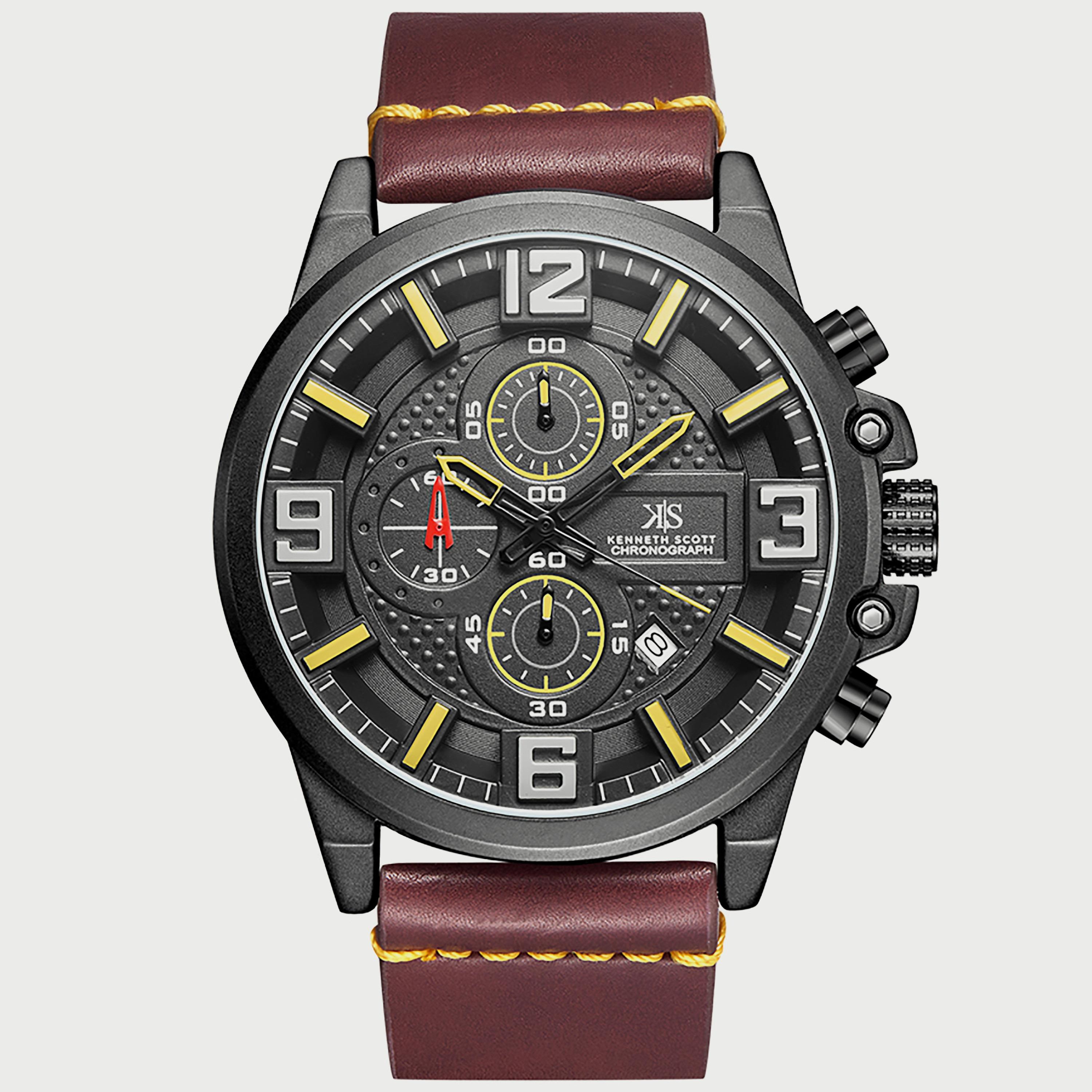 K22108-BLDB "ساعة" كرونوغراف بسوار جلدي بني غامق للرجال من كينيث سكوت -men-watchesandjewellery-watches-image-1