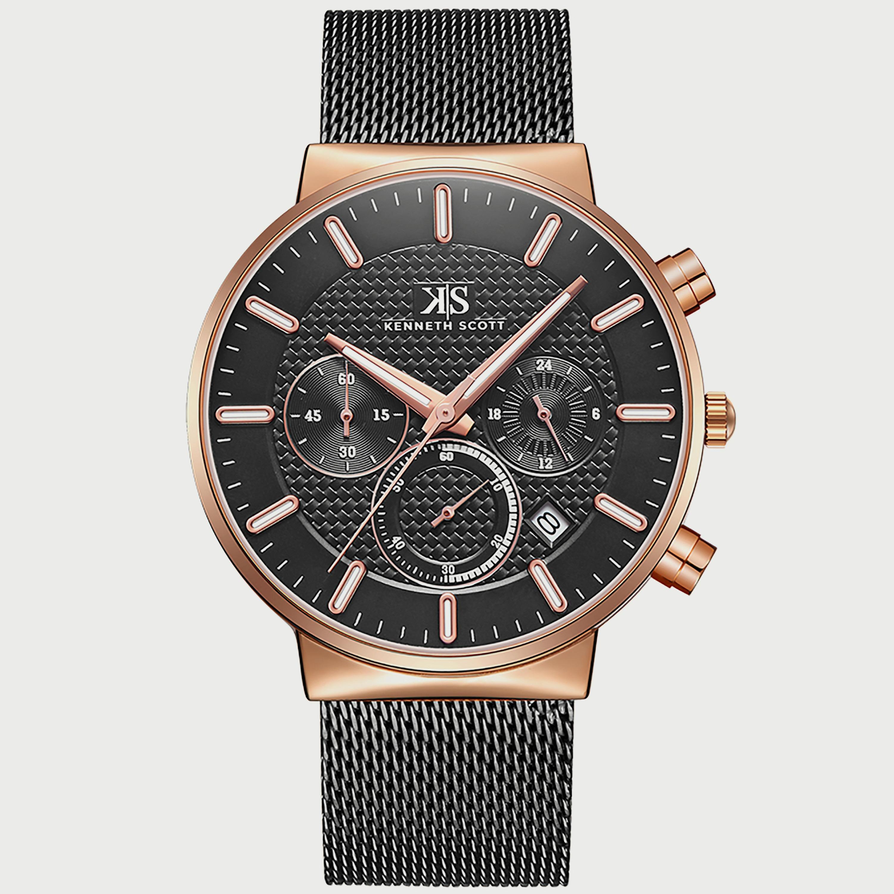 Kenneth Scott Men's Black Chronograph Mesh Strap Watch K22133-KMBB | 41 MM-men-watchesandjewellery-watches-image-1