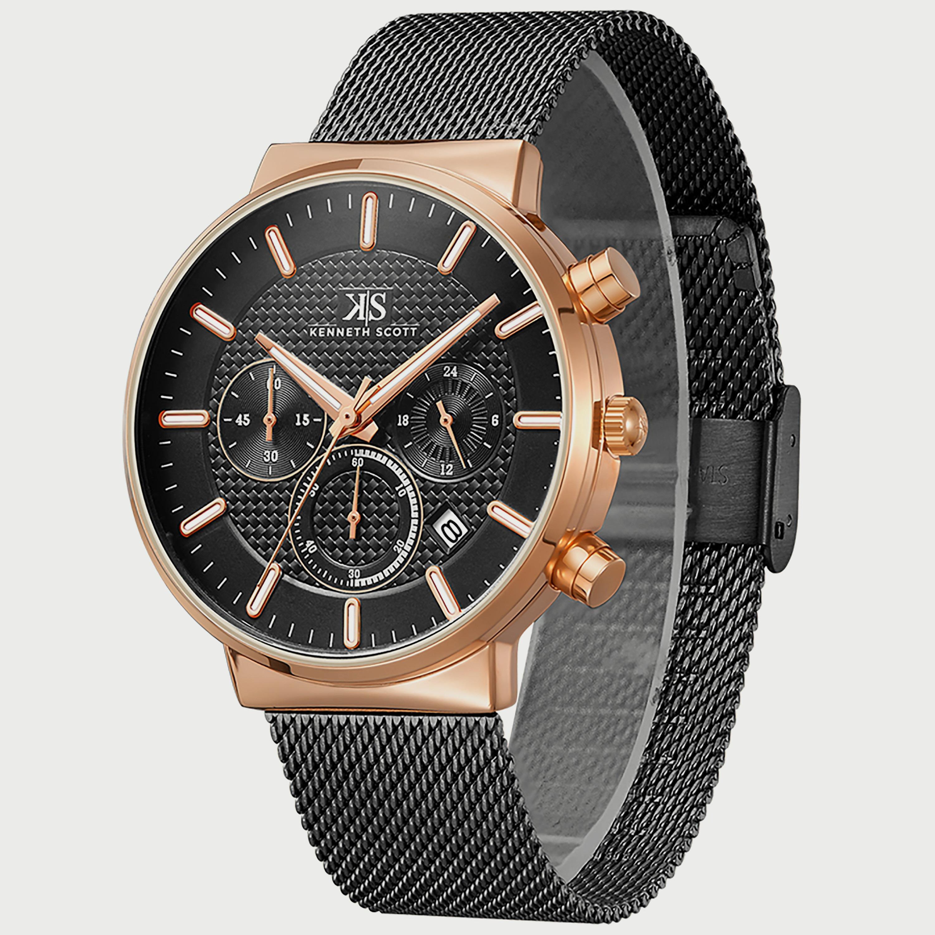 Kenneth Scott Men's Black Chronograph Mesh Strap Watch K22133-KMBB | 41 MM-men-watchesandjewellery-watches-image-2