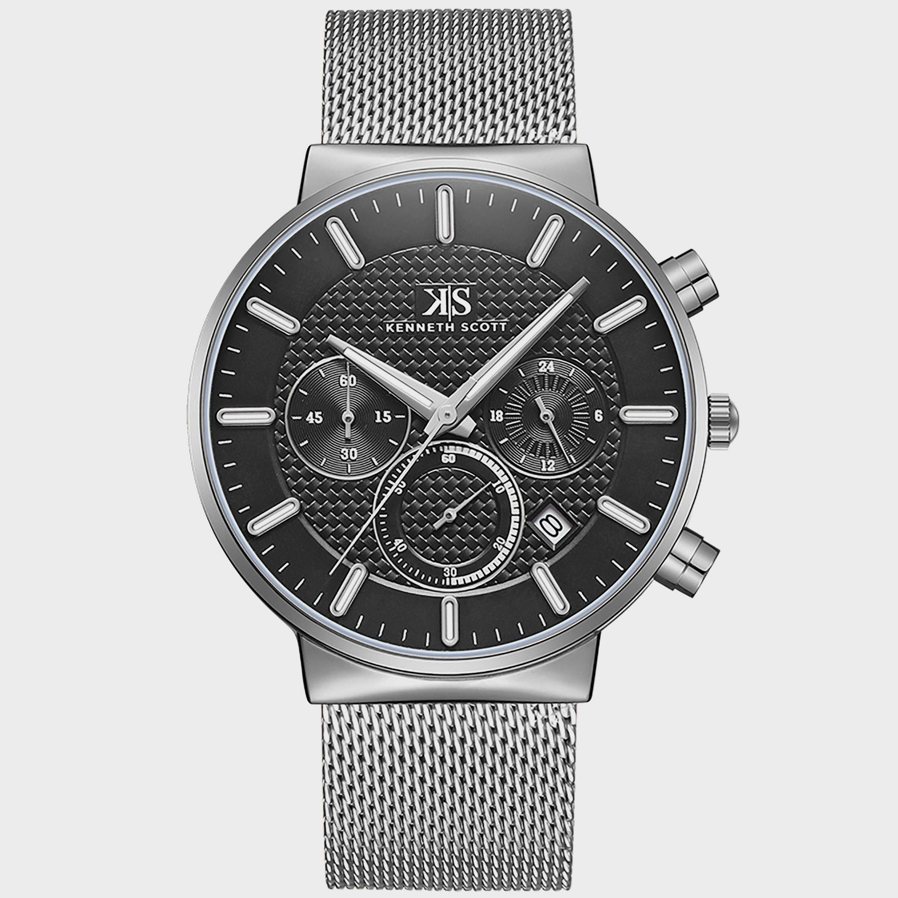 Kenneth Scott Men's Silver Chronograph Mesh Strap Watch K22133-SMSB | 41 MM-men-watchesandjewellery-watches-image-1