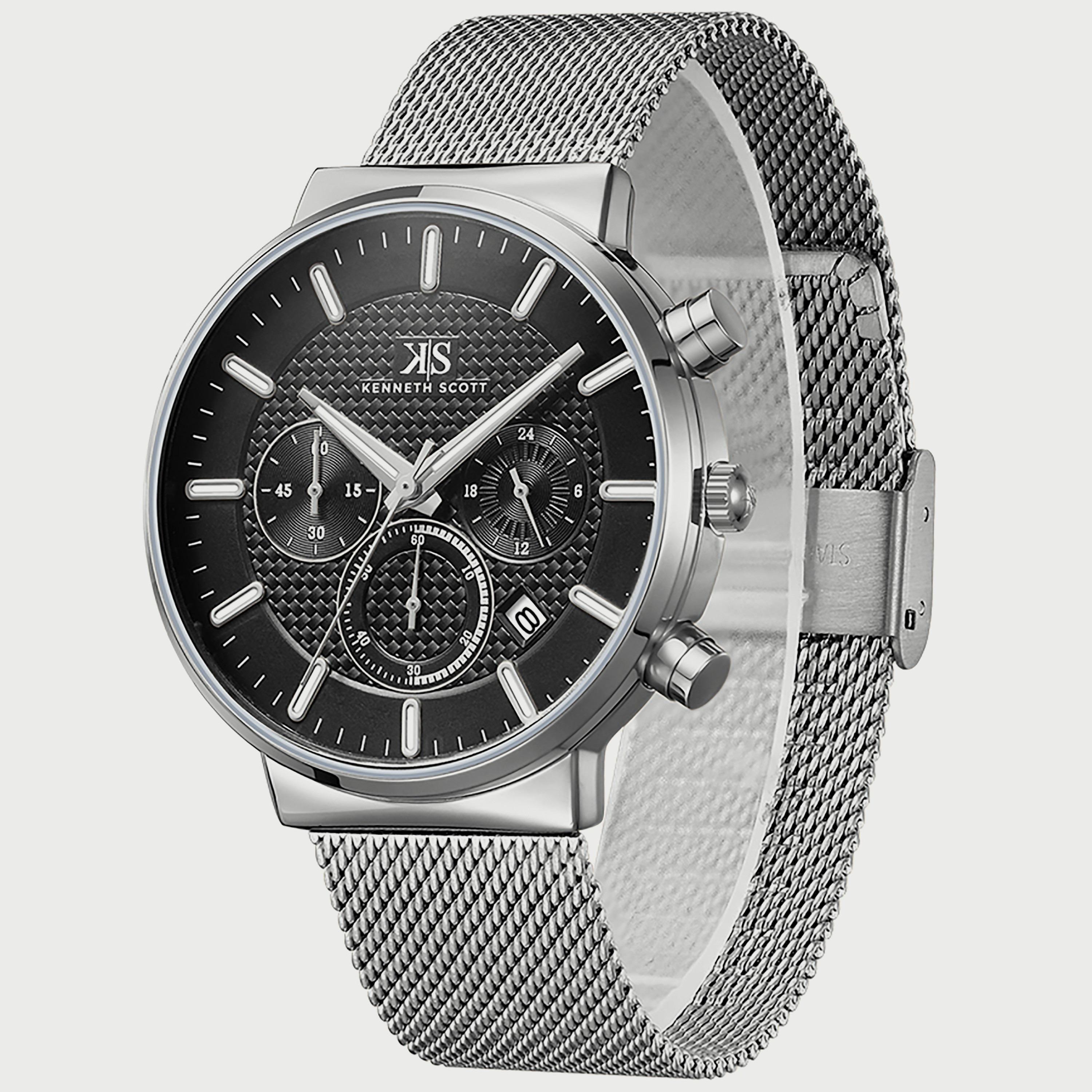 Kenneth Scott Men's Silver Chronograph Mesh Strap Watch K22133-SMSB | 41 MM-men-watchesandjewellery-watches-image-2