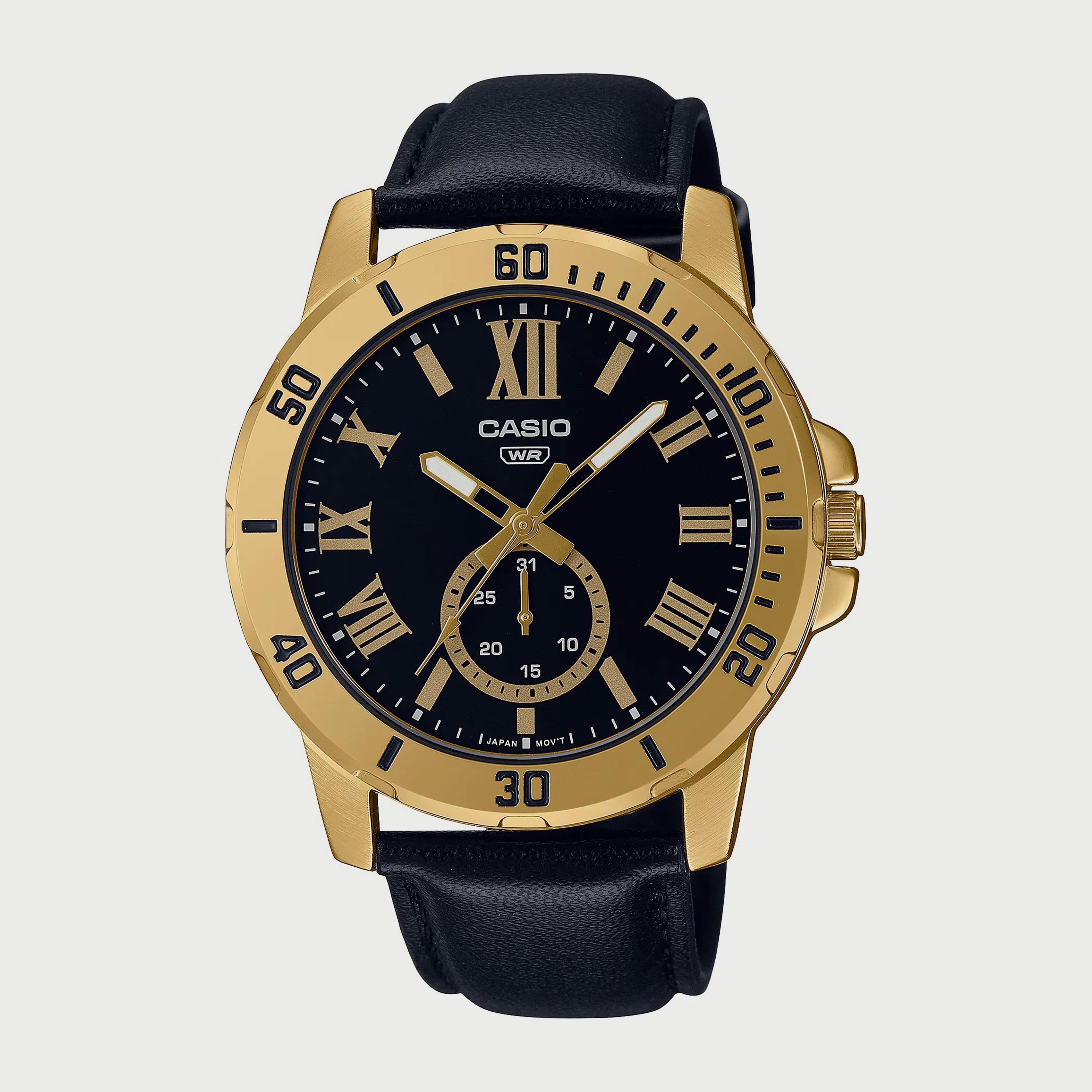 Casio Men's Black Analog Leather Strap Watch - MTP-VD200GL-1BUDF-men-watchesandjewellery-watches-image-1