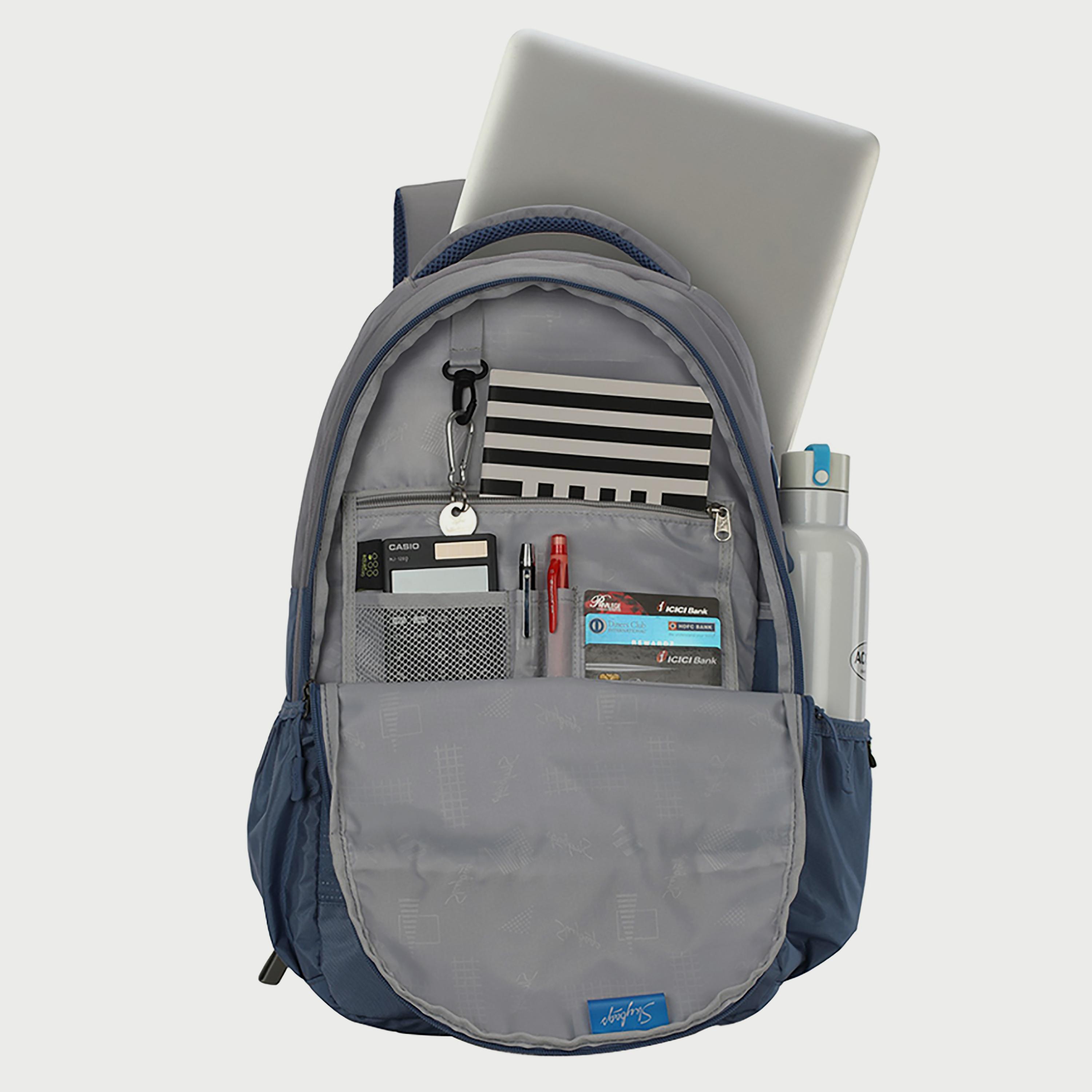 حقيبة ظهر تحمل شعار Skybags مع أحزمة كتف مبطنة وإغلاق بسحاب على اللوحة الخلفية باللون الرمادي-travel-luggagesandbags-backpacks-image-5
