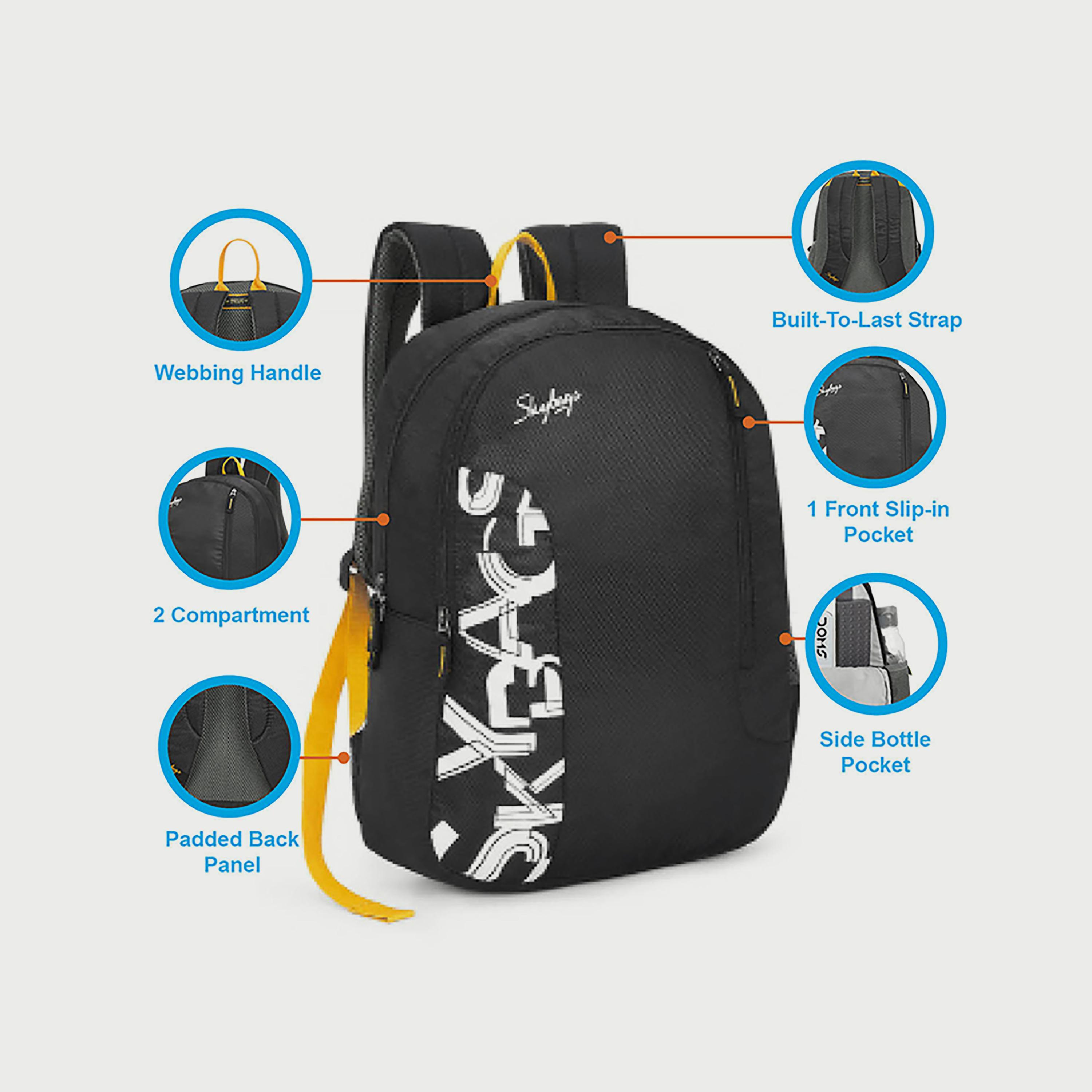 Skybags Logo Backpack with Padded Build-To-Last Straps and Back Panel Zip Closure in Black-school-bagsandbackpacks-backpacks-image-5