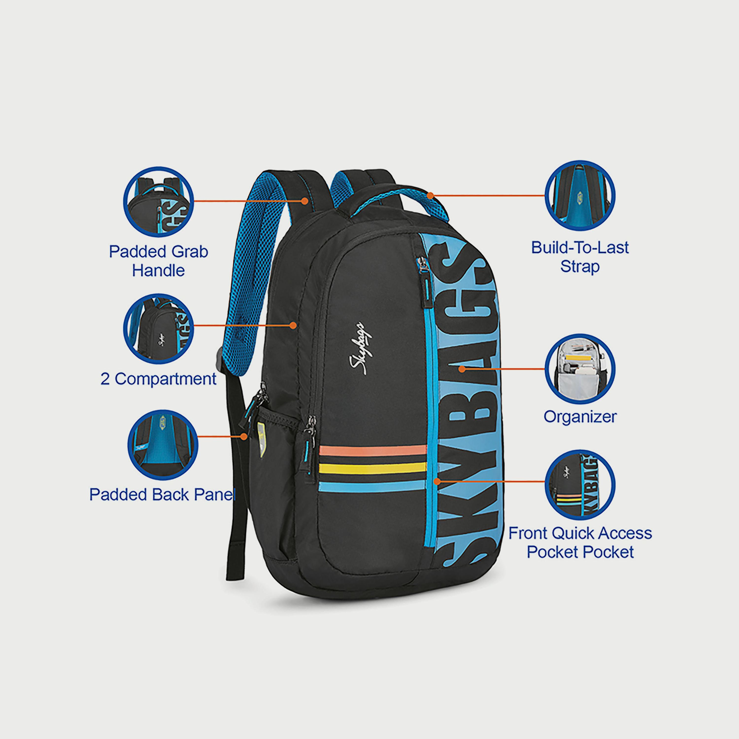 حقيبة ظهر تحمل شعار Skybags مع أشرطة مبطنة تدوم طويلاً ولوحة خلفية بسحاب للإغلاق باللون الأسود-travel-luggagesandbags-backpacks-image-8