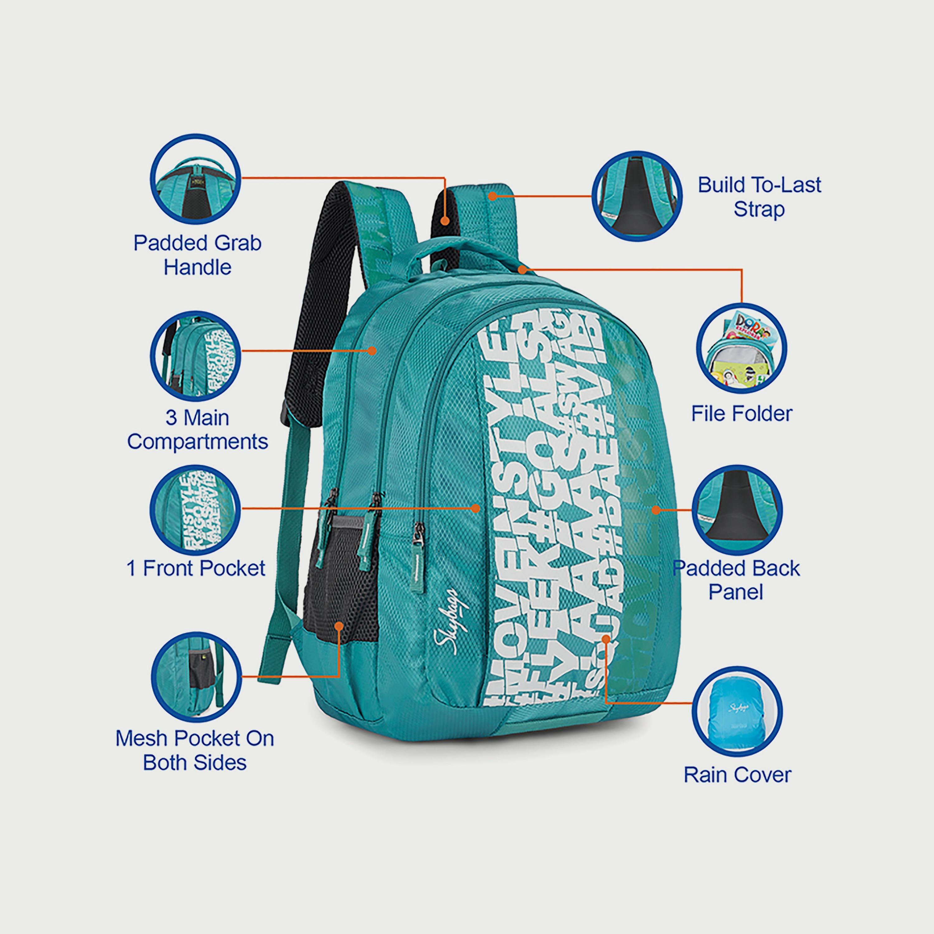Skybags Printed Backpack with Padded Shoulder Straps and Back Panel Zip Closure in Green-school-bagsandbackpacks-backpacks-image-8