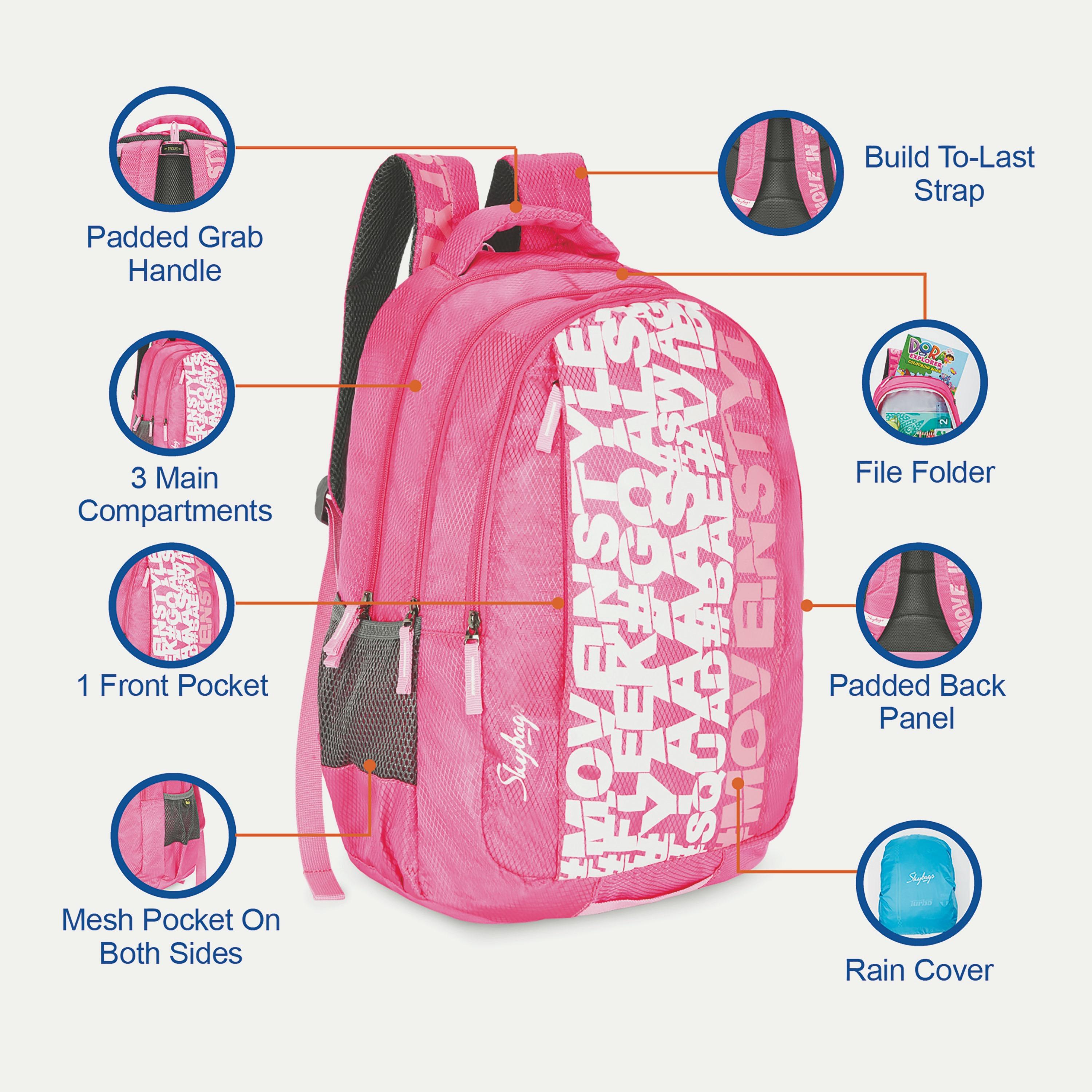 Skybags Printed Backpack with Padded Shoulder Straps and Back Panel Zip Closure in Pink-women-bagsandwallets-backpacks-image-6