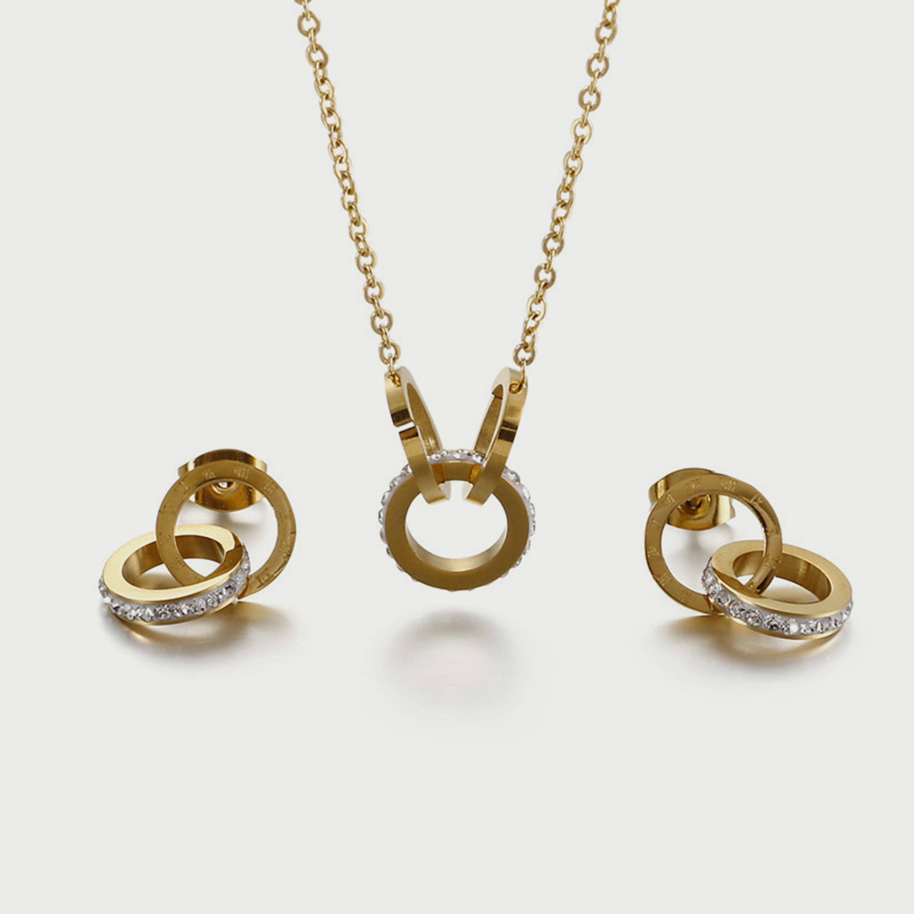 لي كوبر طقم قلادة وأقراط ذهبية من الستانلس ستيل للنساء - LC.S.01052.110-women-watchesandjewellery-jewellery-jewellerysets-image-1