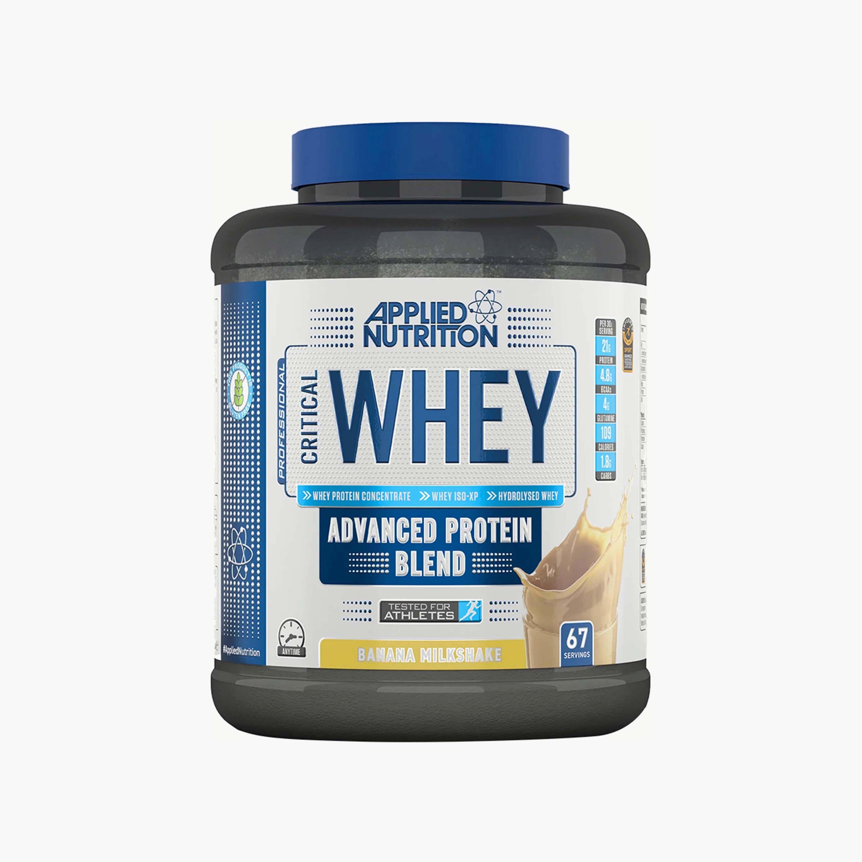 مزيج مصل اللبن الحرج، 2 كجم (4.4 رطل)، ميلك شيك الموز، من أبلايد نيوترشن-sports-nutrition-proteins-image-1