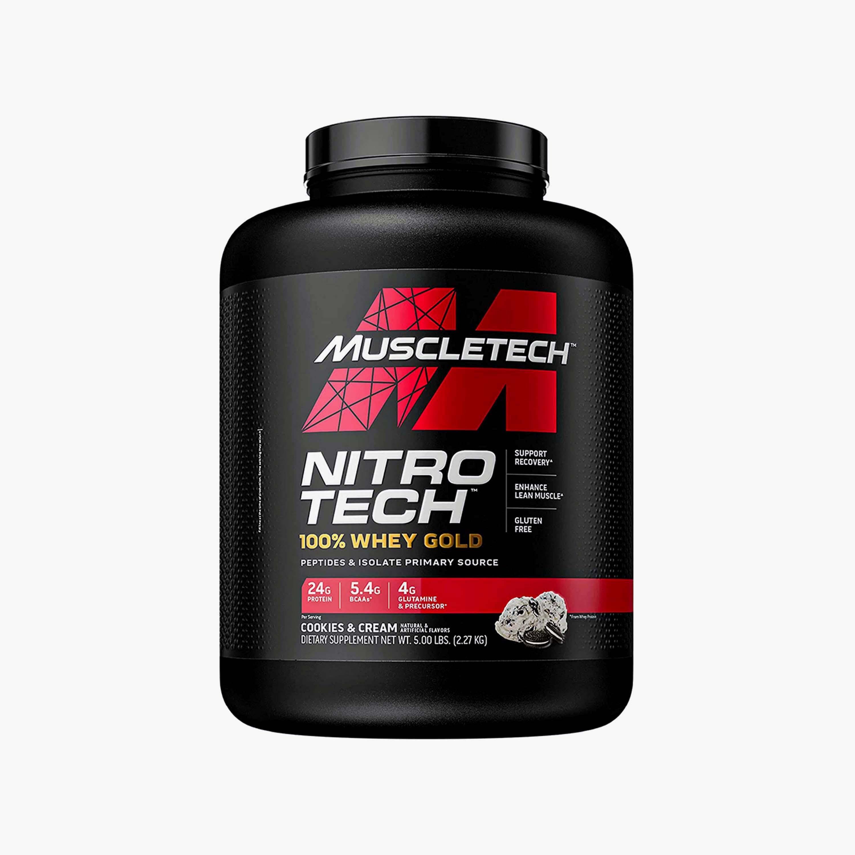 مصل اللبن الذهبي نيترو تك، 5.03 رطل (2.2 كجم)، بنكهة بسكويت والكريم، من ماسل تك-sports-nutrition-proteins-image-1