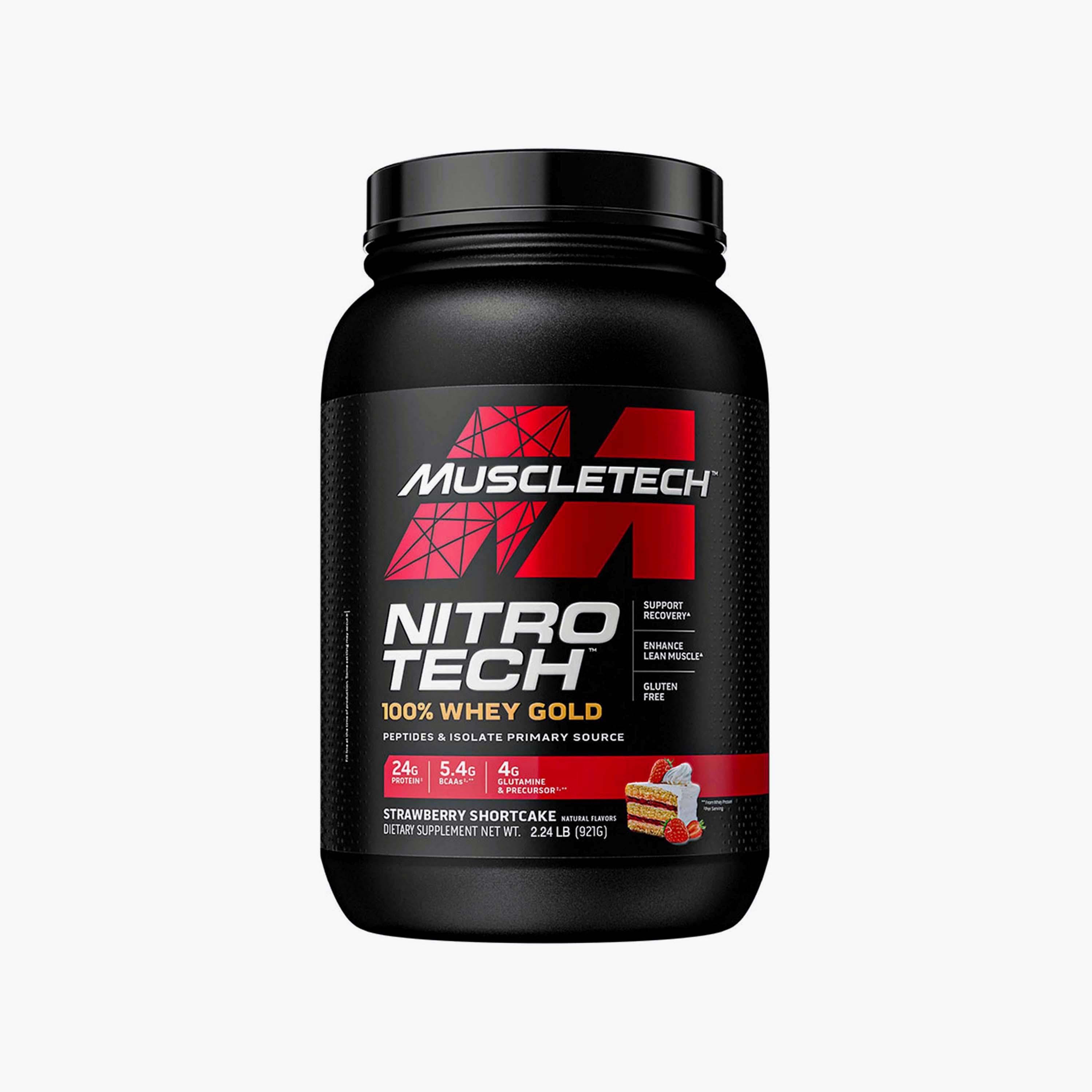 مصل اللبن الذهبي نيترو تك، 2.2 رطل (0.9 كجم)، بنكهة الفراولة، من ماسل تك-sports-nutrition-proteins-image-1